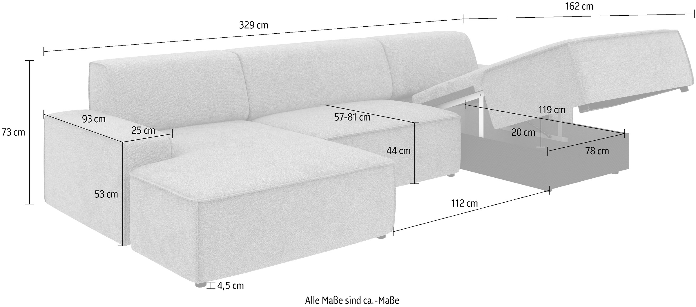 TRENDMANUFAKTUR Wohnlandschaft »Graz, wahlweise mit Sitzvorschub und Bettkasten, U-Form, Breite 329 cm«, in Cord-, haustierfreundlichem LEO Struktur- oder LUMOS-3D-Bezug