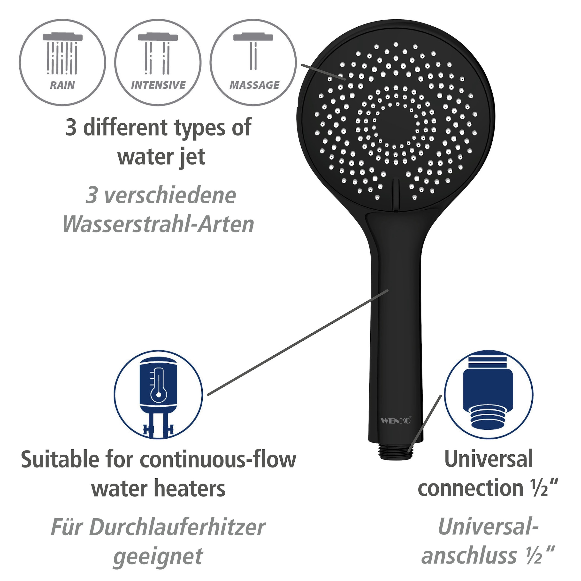 WENKO Stangenbrause-Set »Watersaving«, Schwarz, Länge Stange: 70 cm