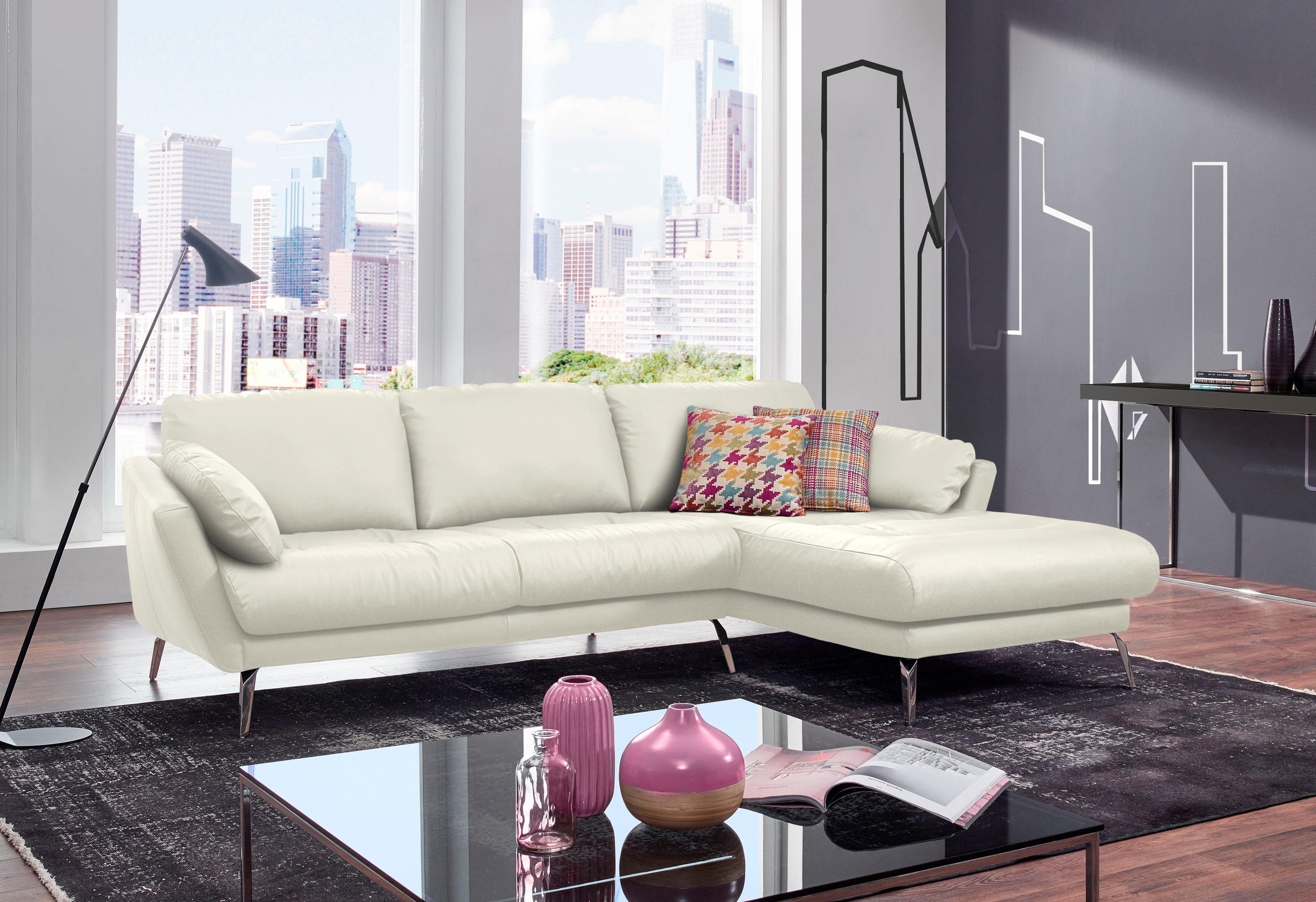 W.SCHILLIG Ecksofa »softy, Designsofa, zeitlos und elegant, hoher Sitzkomfort, L-Form«, mit dekorativer Heftung im Sitz, Füße Chrom glänzend