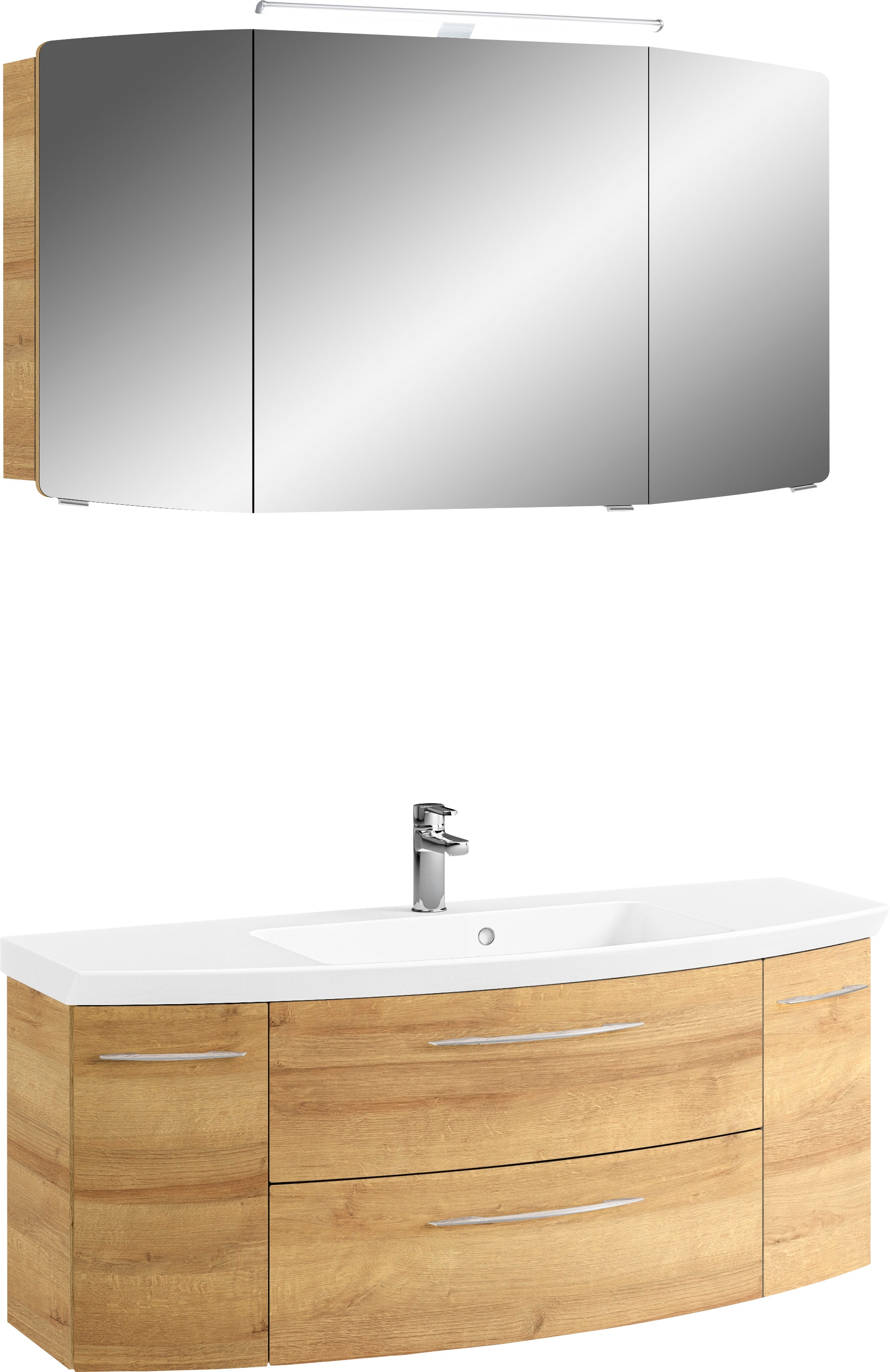 Saphir Badmöbel-Set »Cassca Sprint 2-teilig Mineralmarmor-Waschtisch mit LED-Spiegelschrank«, (2 St.), Waschplatz 121 cm breit mit 5 Türen, 2 Schubladen, inkl. Türdämpfer