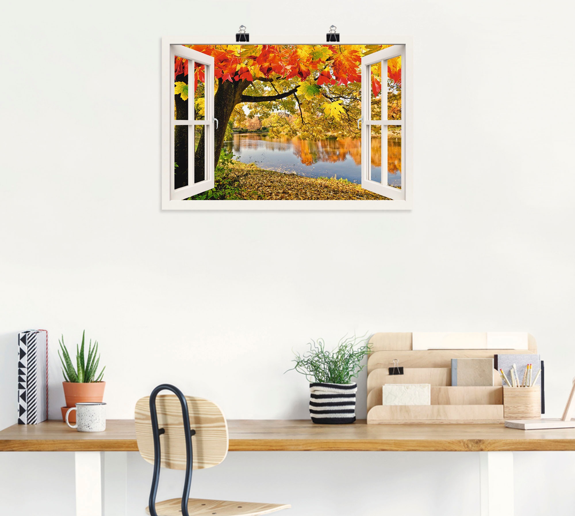 Artland Poster »Fensterblick Herbsttag an einem See«, Gewässer, (1 St.), als Alubild, Leinwandbild, Wandaufkleber oder Poster in versch. Größen