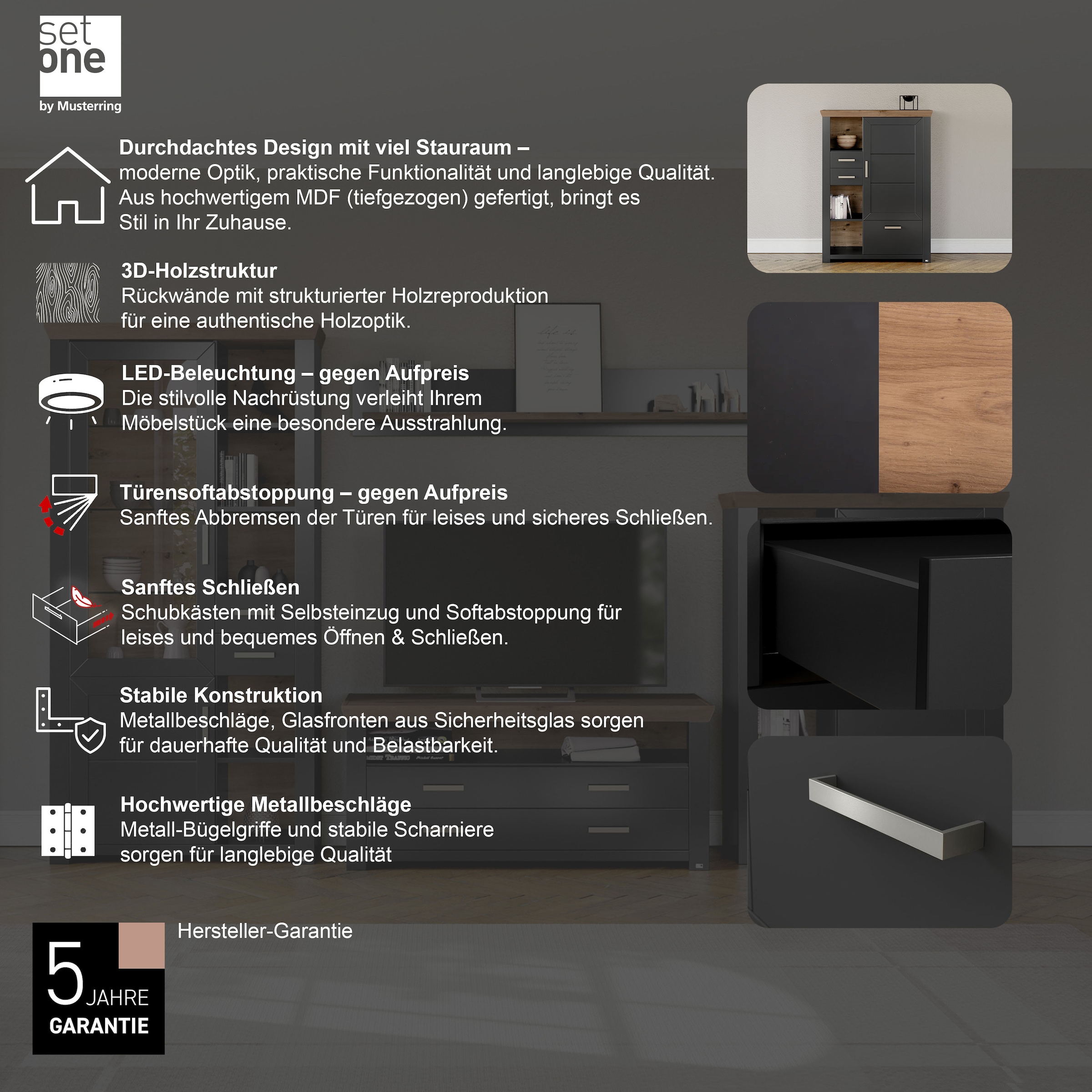 set one by Musterring Highboard »York«, Typ 25 und 26, in 3 Farbvarianten, Beleuchtung optional, Breite 105 cm