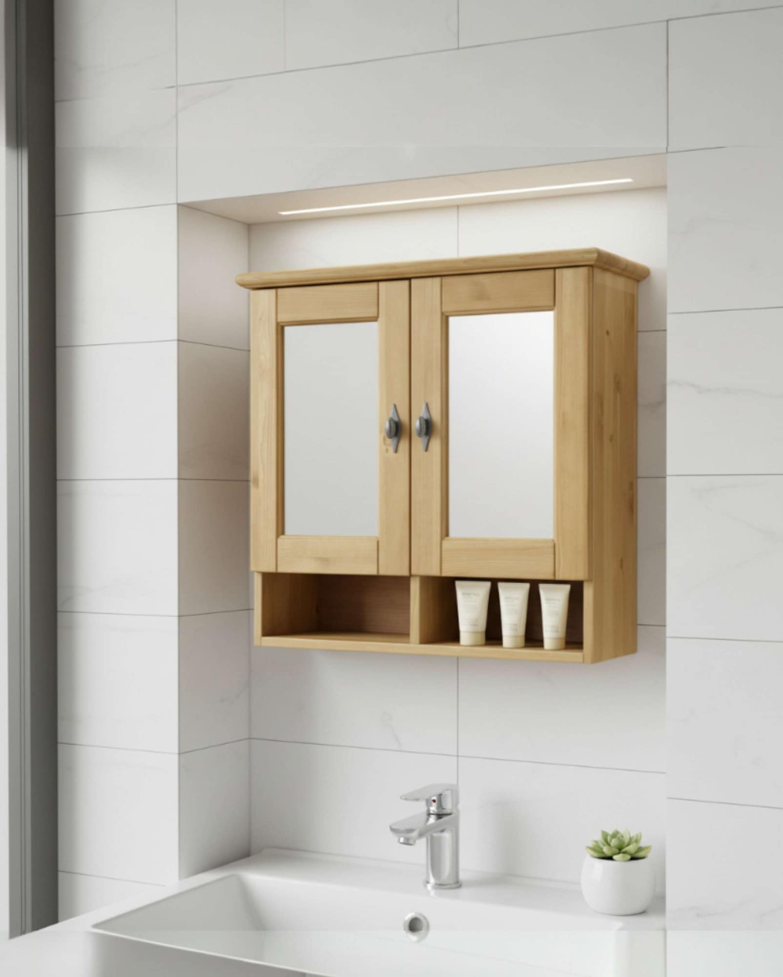 OTTO home Badezimmerspiegelschrank »Rauna« aus massiver Kiefer, Breite 64 cm, mit Spiegel, made in EU