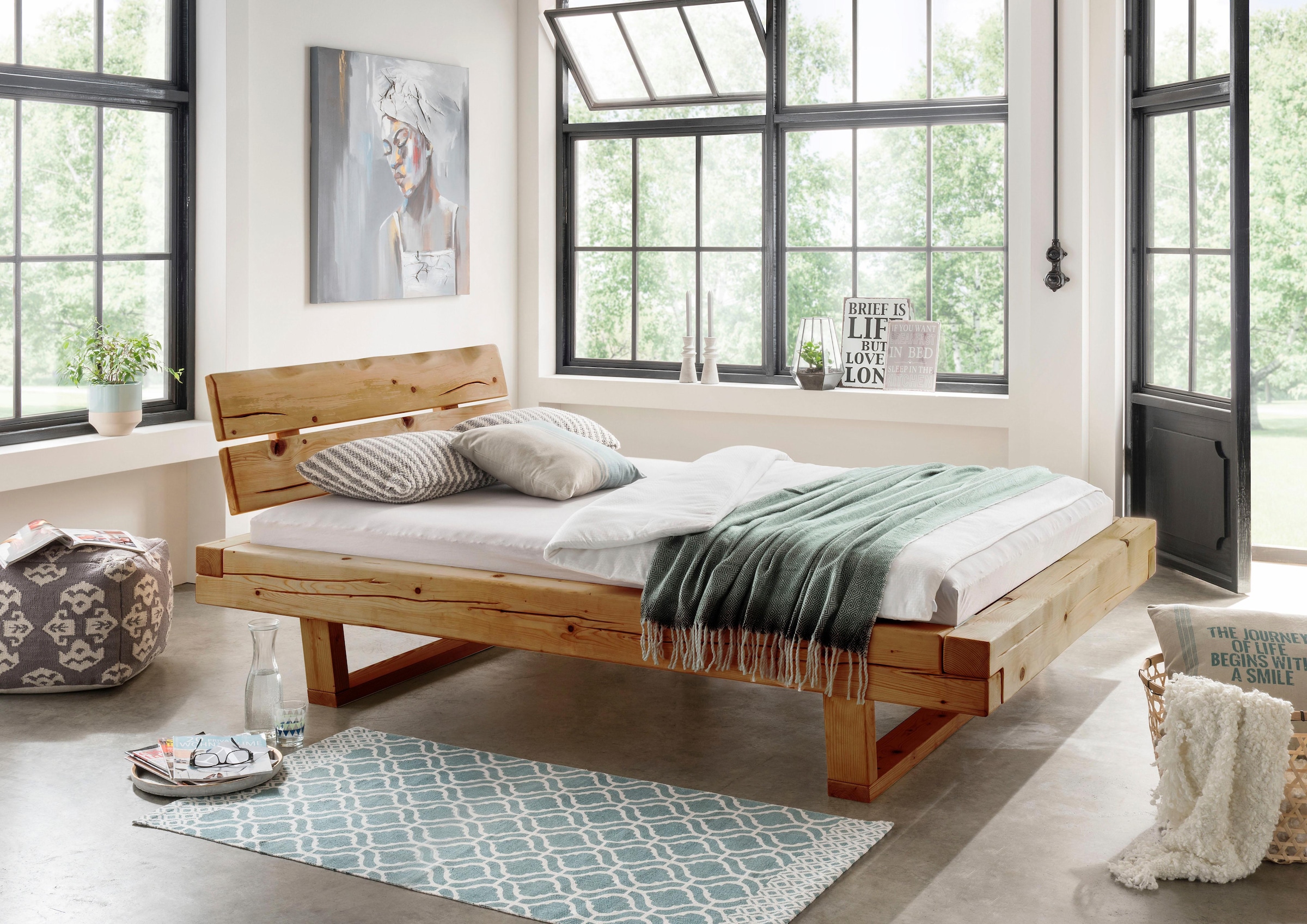 Home affaire Bettanlage »Ultima«, (Set, 3 tlg.), 3tlg., aus Fichtenholz in Balken-Optik, aus 180 cm Bett, 2 Nachttische