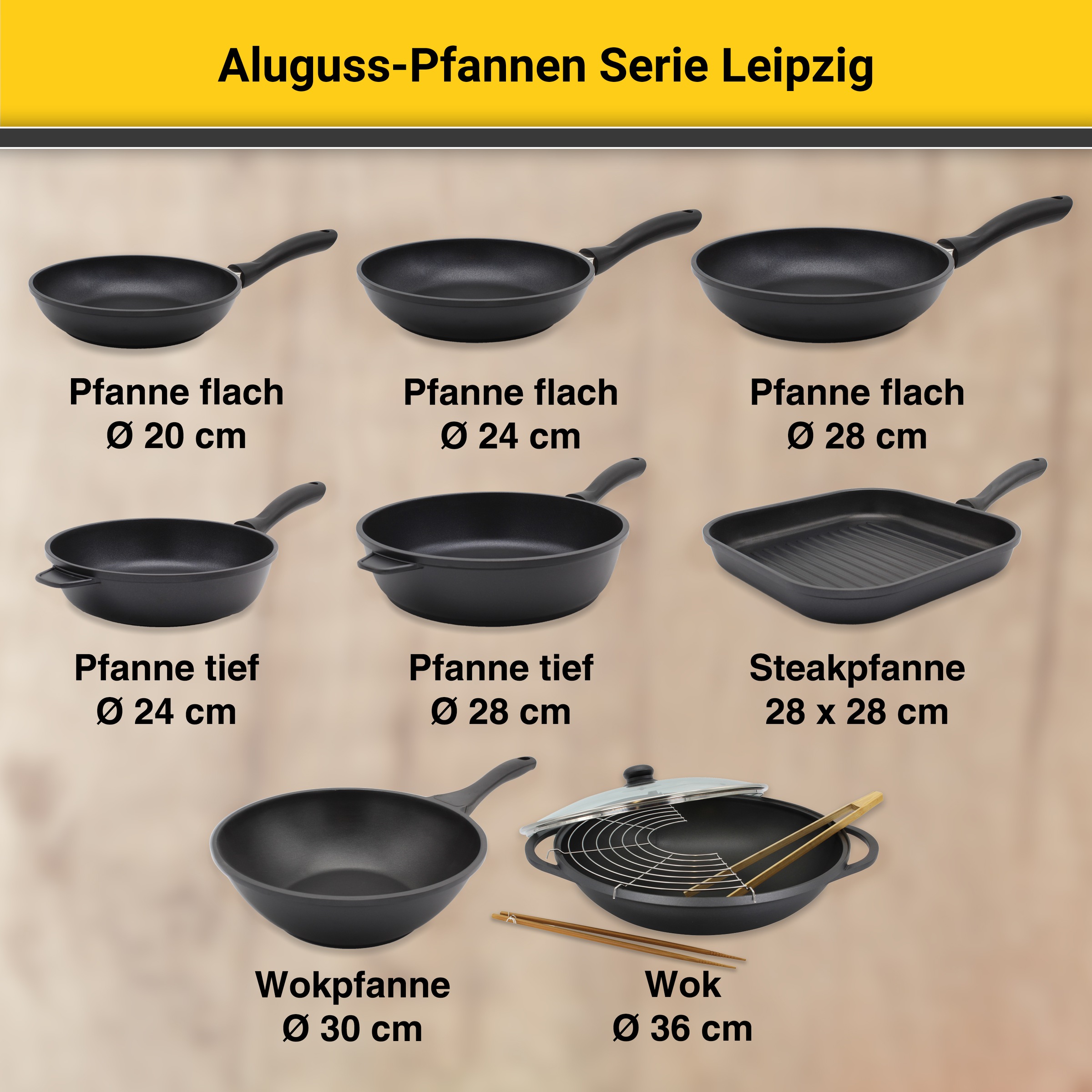 Krüger Topf-Set »Aluguss Topf-/Pfannenset LEIPZIG inkl. Küchenhelfern, 13 tlg.«, Aluminiumguss, (Set, 13 tlg., Fleischtopf 16+20 cm, Pfanne flach 20+28 cm, 7 tlg. Küchenhelferset), inkl. 7-tlg. Küchenhelfer-Set