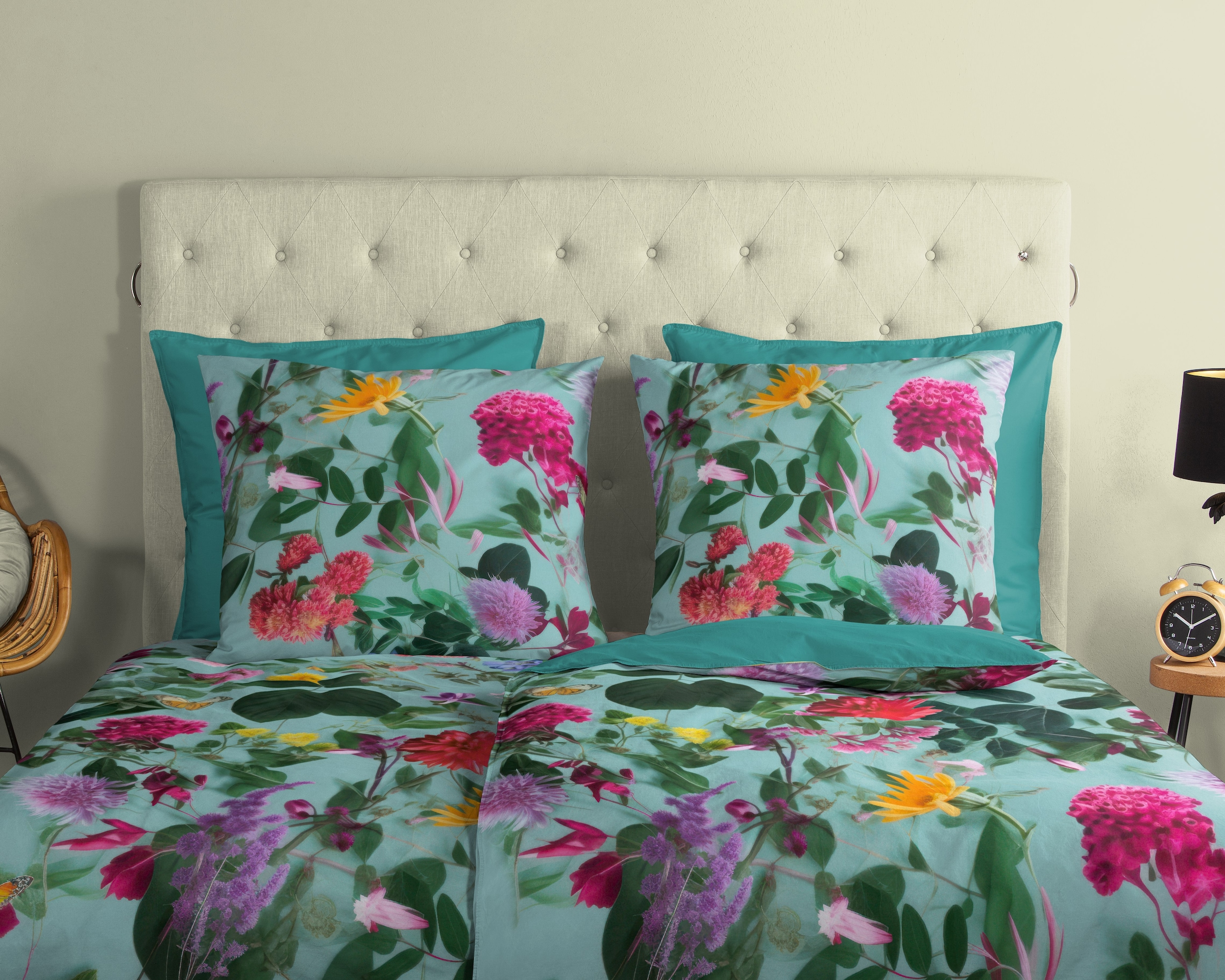 good morning Wendebettwäsche »Imma«, 100% Baumwolle, Renforcé, Reißverschluss, Wendeoptik, Blumen, Aqua