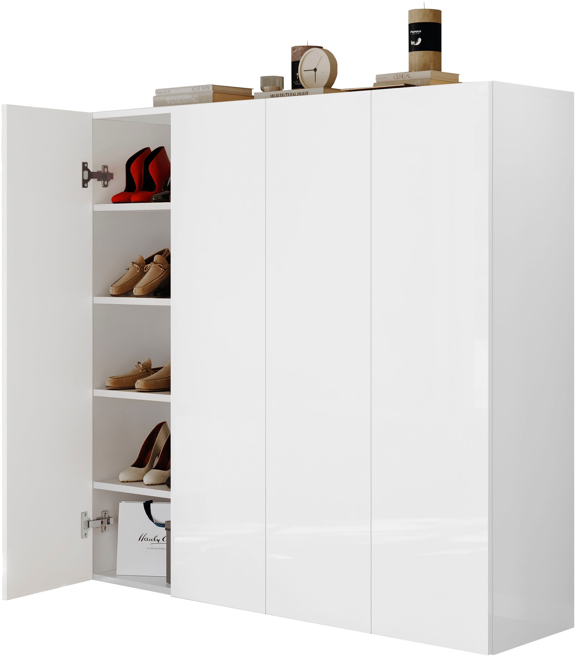 INOSIGN Schuhschrank »SMILE Breite 124 cm, Höhe 114 cm, Schuhregal mit 5 Ebenen, 10 Fächer,«, Schuhkommode in Weiss Hochglanz Lack