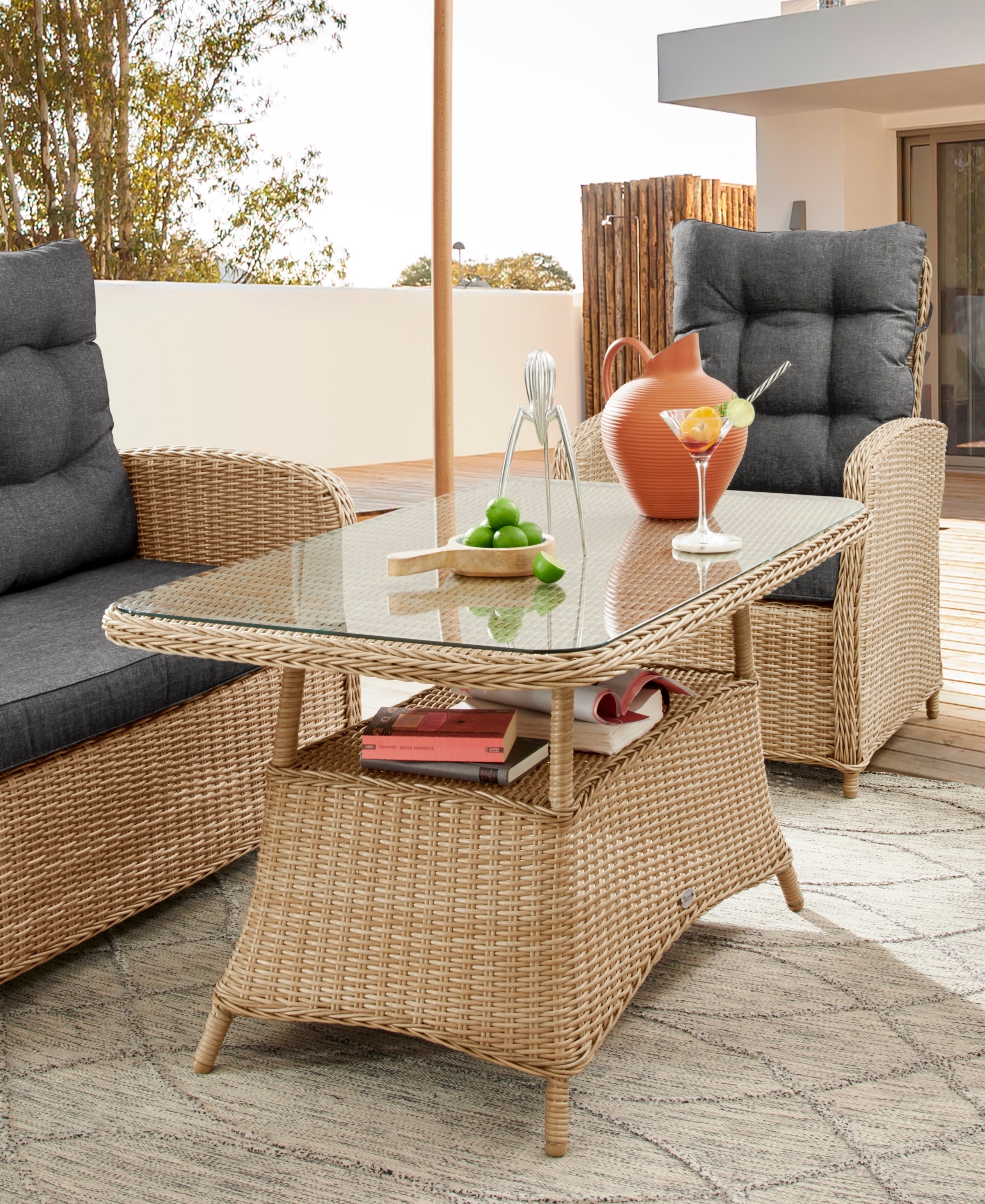 Destiny Gartenlounge-Set »MERANO II«, (Set), Sofa Set natur meliert, Polster grau, pflegeleichtes, UV beständiges Polyrattan