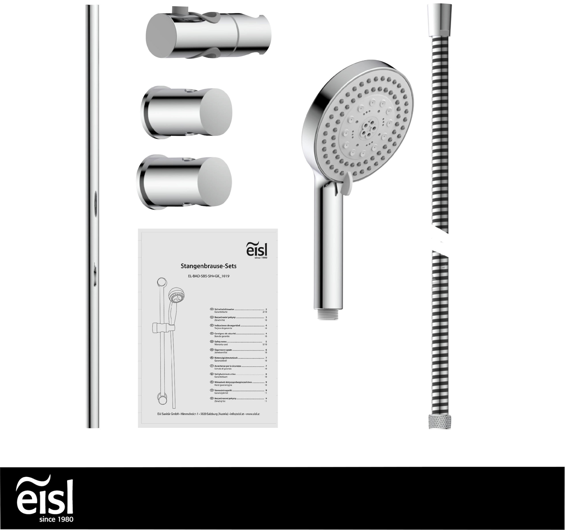 Eisl Stangenbrause-Set, Duschkopf mit Schlauch und Halterung, Handbrause mit 8 Funktionen