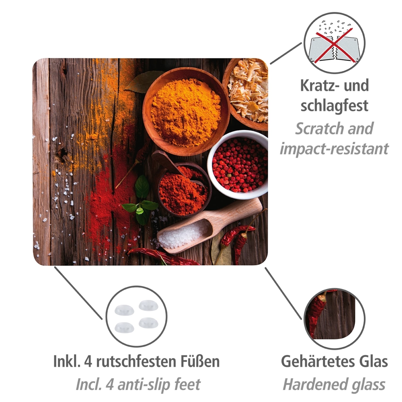 WENKO Herd-Abdeckplatte »Modell Gewürze«, Herdabdeckung für Glaskeramik Kochfelder, Spritzschutz & Schneidebrett