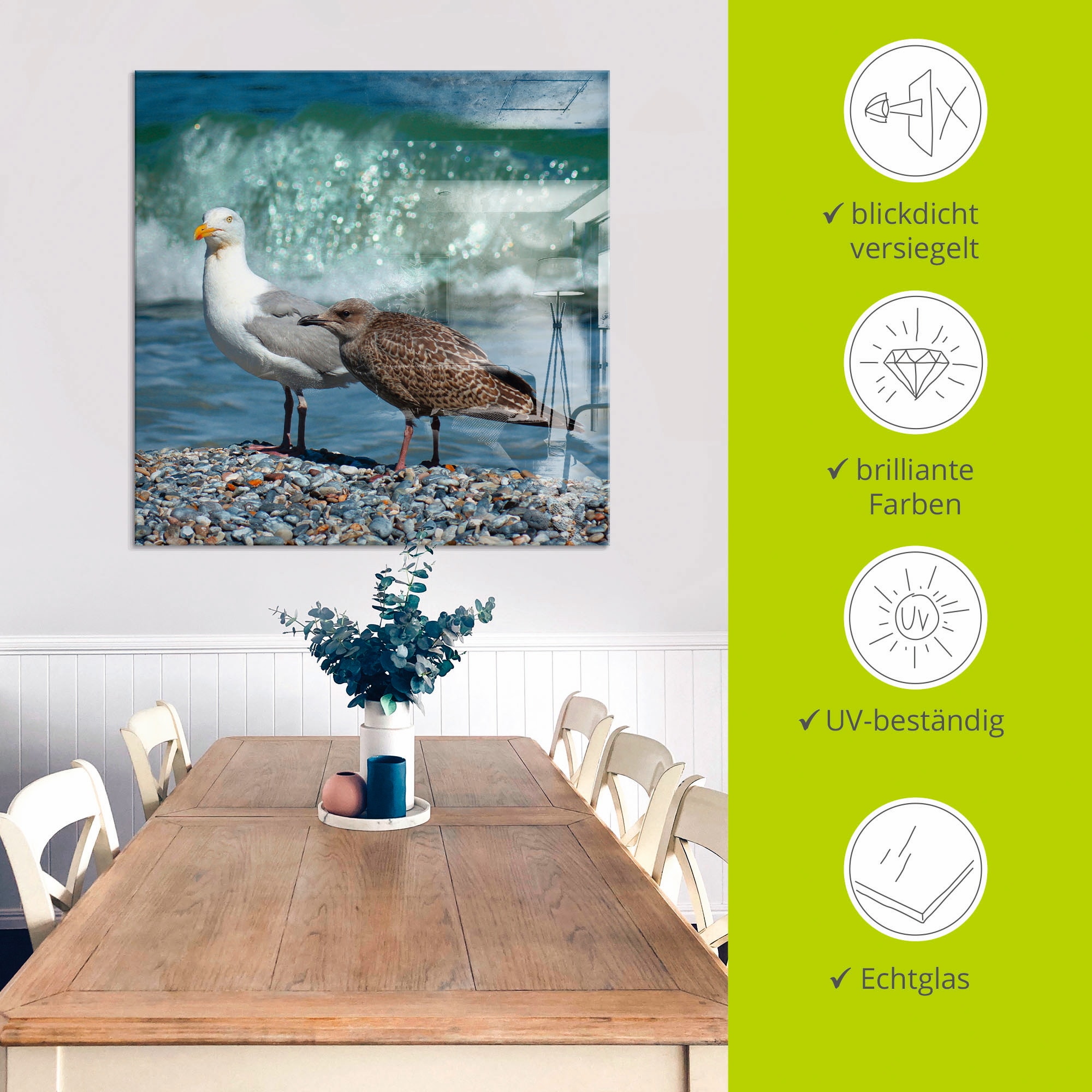 Artland Glasbild »Möwen in der Meeresbrandung«, Vögel, (1 St.), in verschiedenen Größen