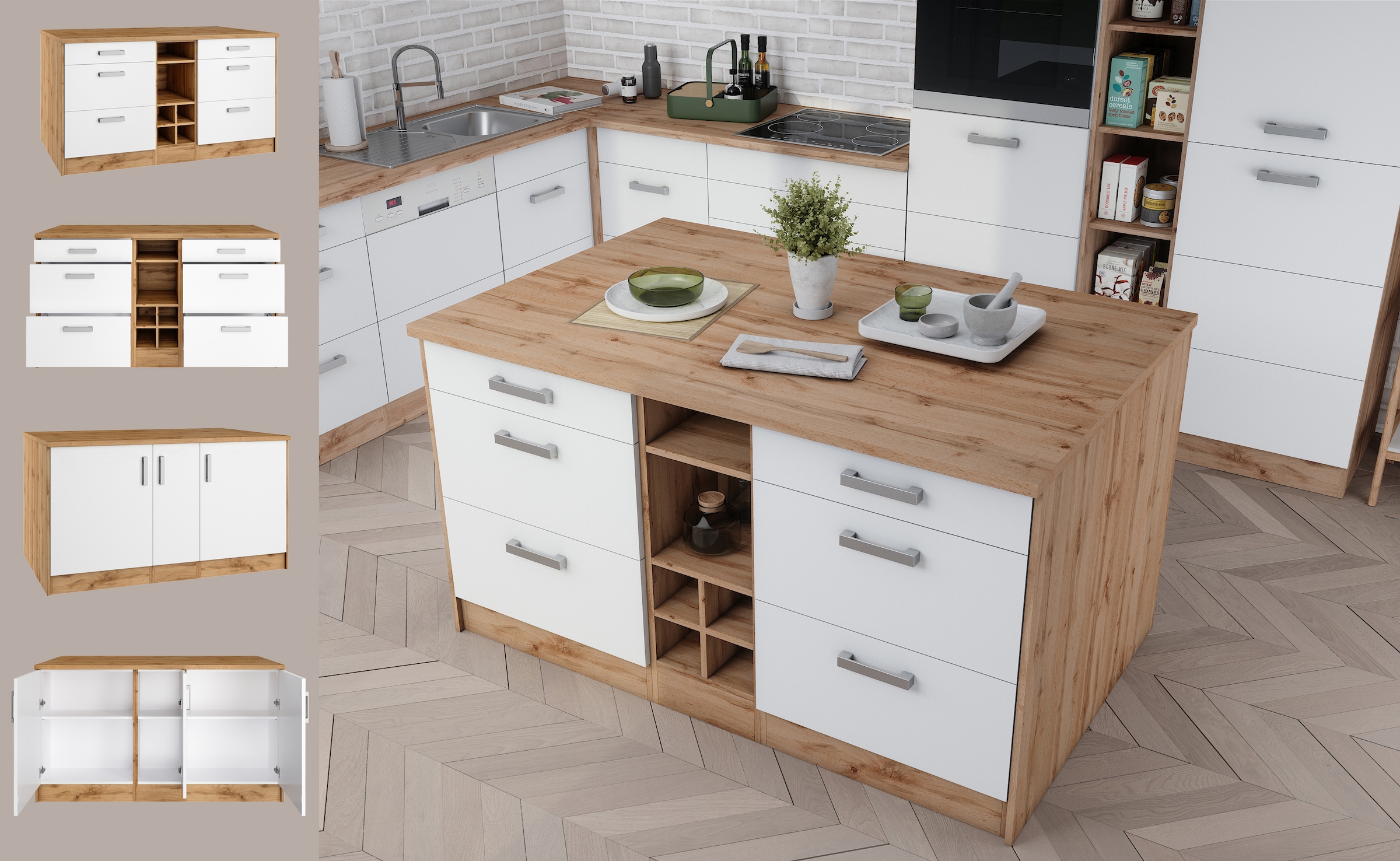 KOCHSTATION Kücheninsel »KS-Toronto«, Breite 153 cm, MDF-Fronten, Flaschenregal