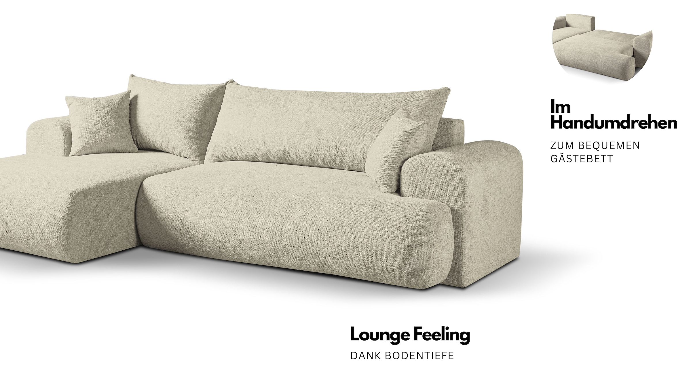 WERK2 Ecksofa »Ewela, modern, inkl. Bettfunktion & Bettkasten, bequem, Breite 265cm« moderner Boucle Bezug, Liegefläche 200/140cm