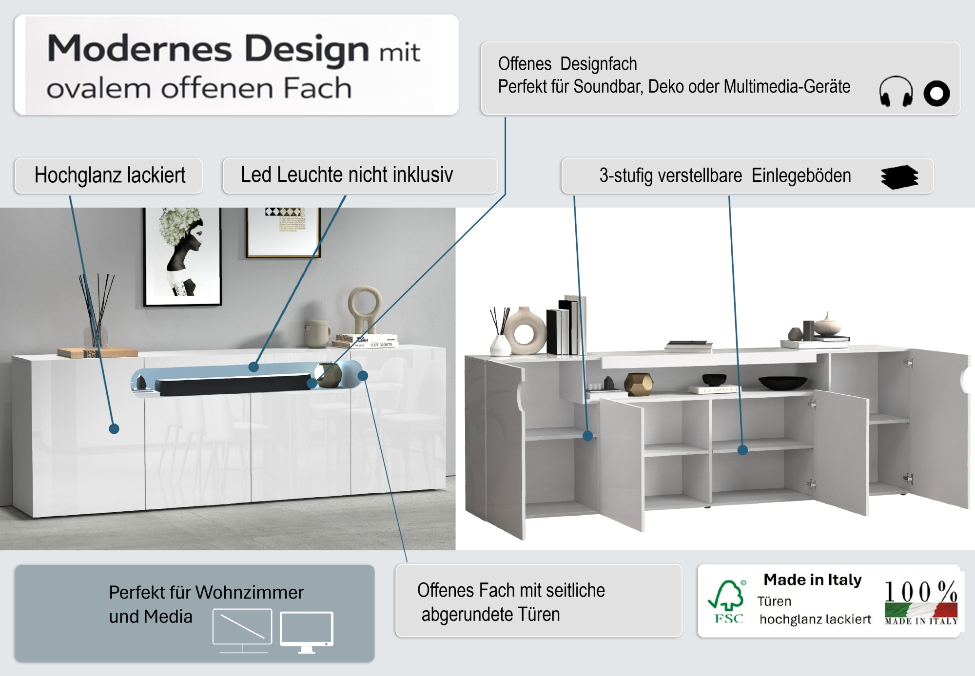 OTTO home Sideboard »Sideboard REAL, Kommode, Schrank, Kredenz« 1 Stk. tlg. Mit 4 Türen, davon 2 abgerundet, die ein ovales offenes Fach bilden