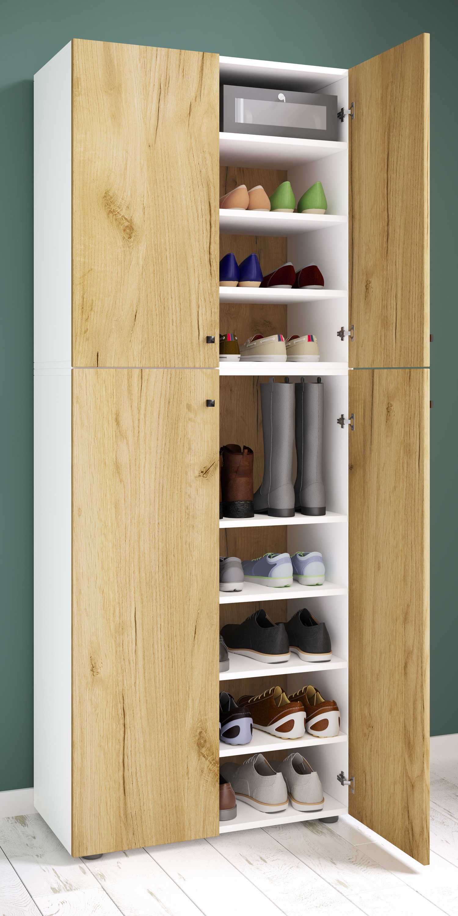 VCM Schuhschrank »VCM Holz-Schuhschrank | Maße: B. 70 x H. 184 x T. 40 cm | Allzweckschrank | 9 Fächer | 4 Drehtüren - Lona«, (1 St.)