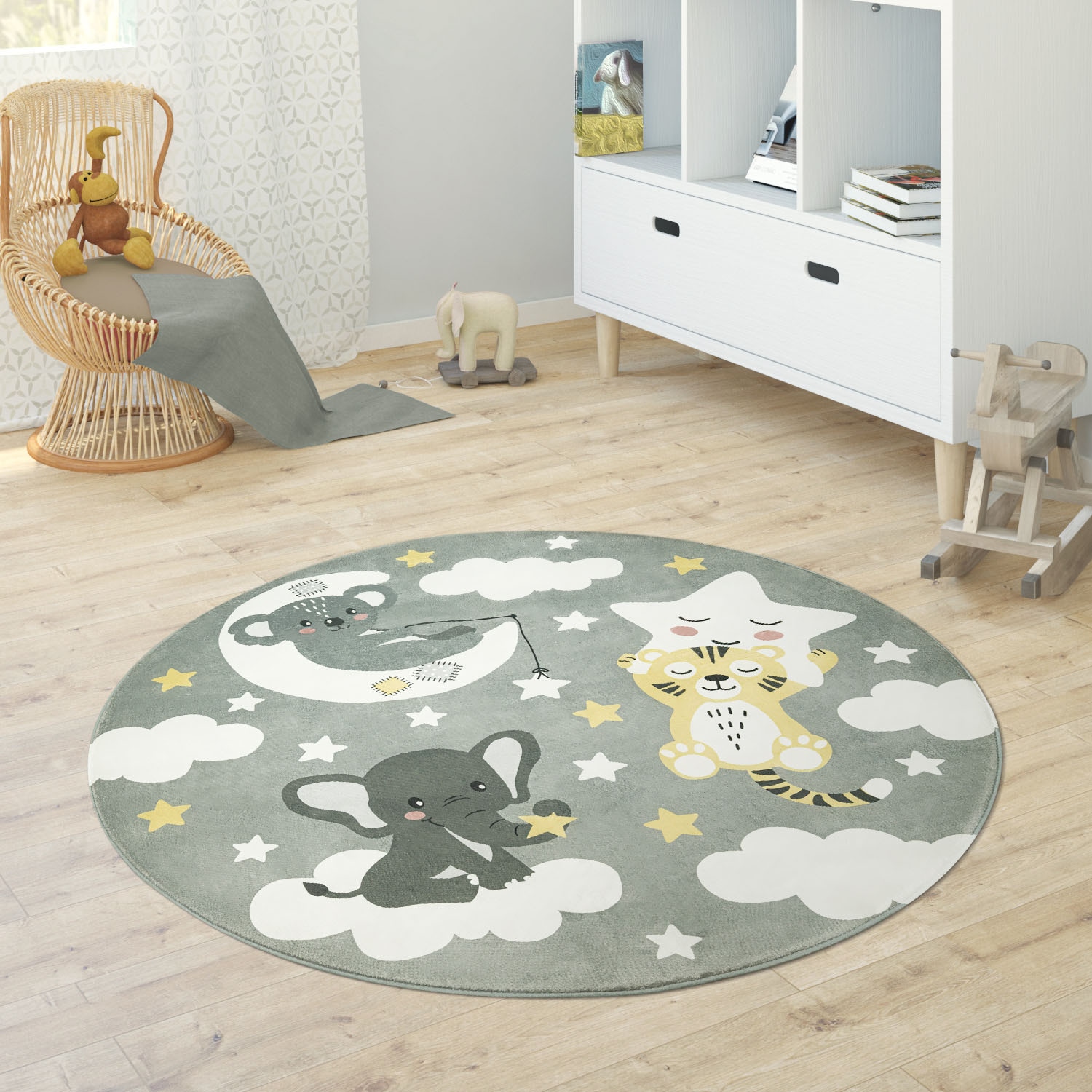 Paco Home Kinderteppich »Chicos 551«, rund, 2 mm Höhe, Flachgewebe, niedliches Kinder Design, Motiv Tiere, Kinderzimmer