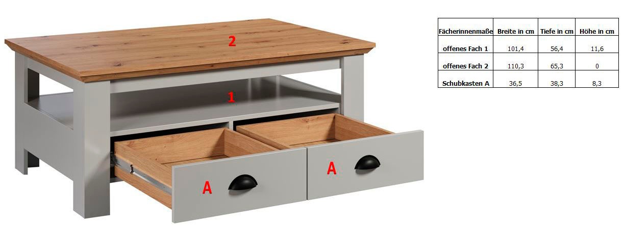 Home affaire Couchtisch »Herzwill«, eckiger Couchtisch, Breite 110 cm, Höhe 45 cm, 2 Schubfächer, 1 Fach