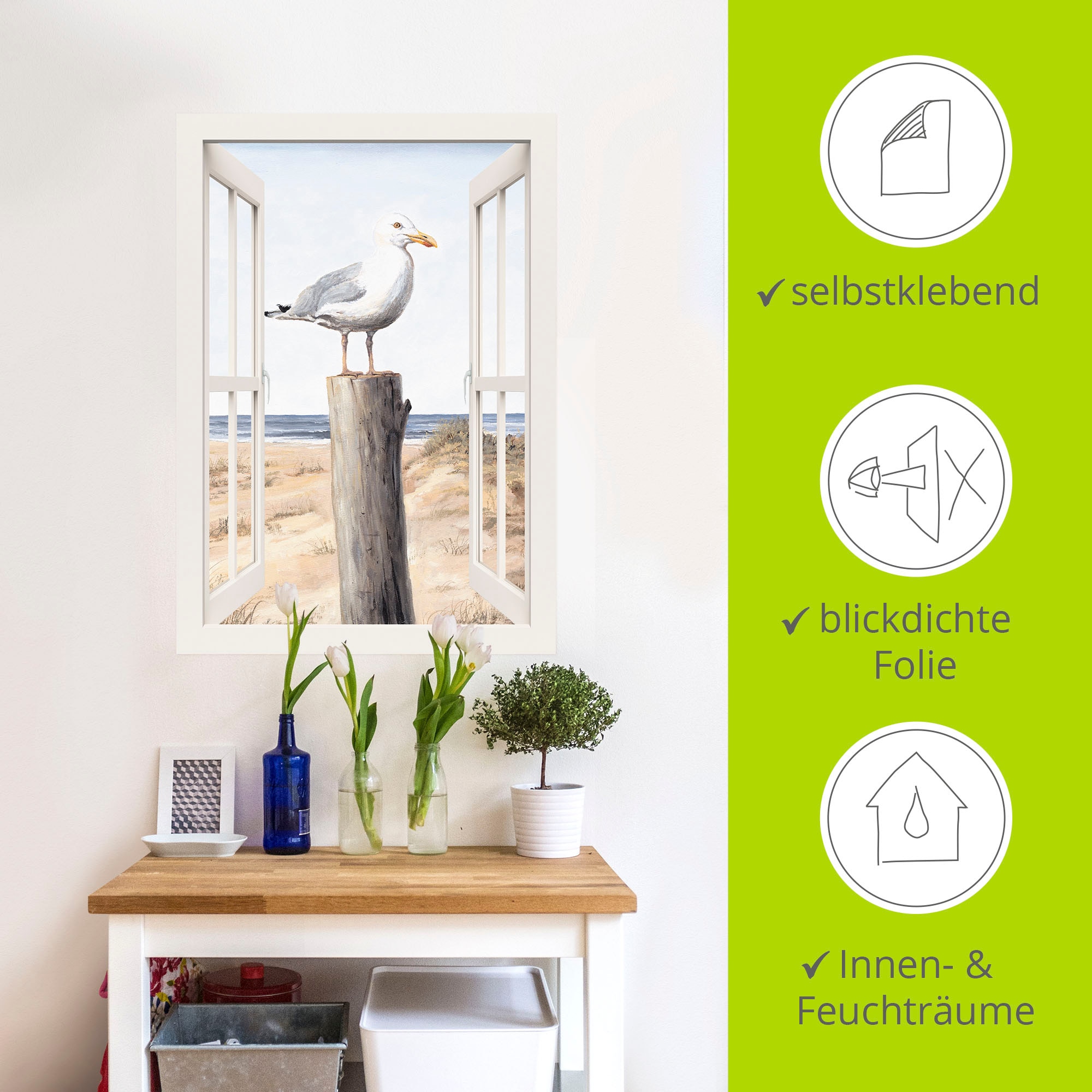 Artland Wandbild »Möwe Fensterblick«, Vogelbilder, (1 St.), als Alubild, Leinwandbild, Wandaufkleber oder Poster in versch. Größen