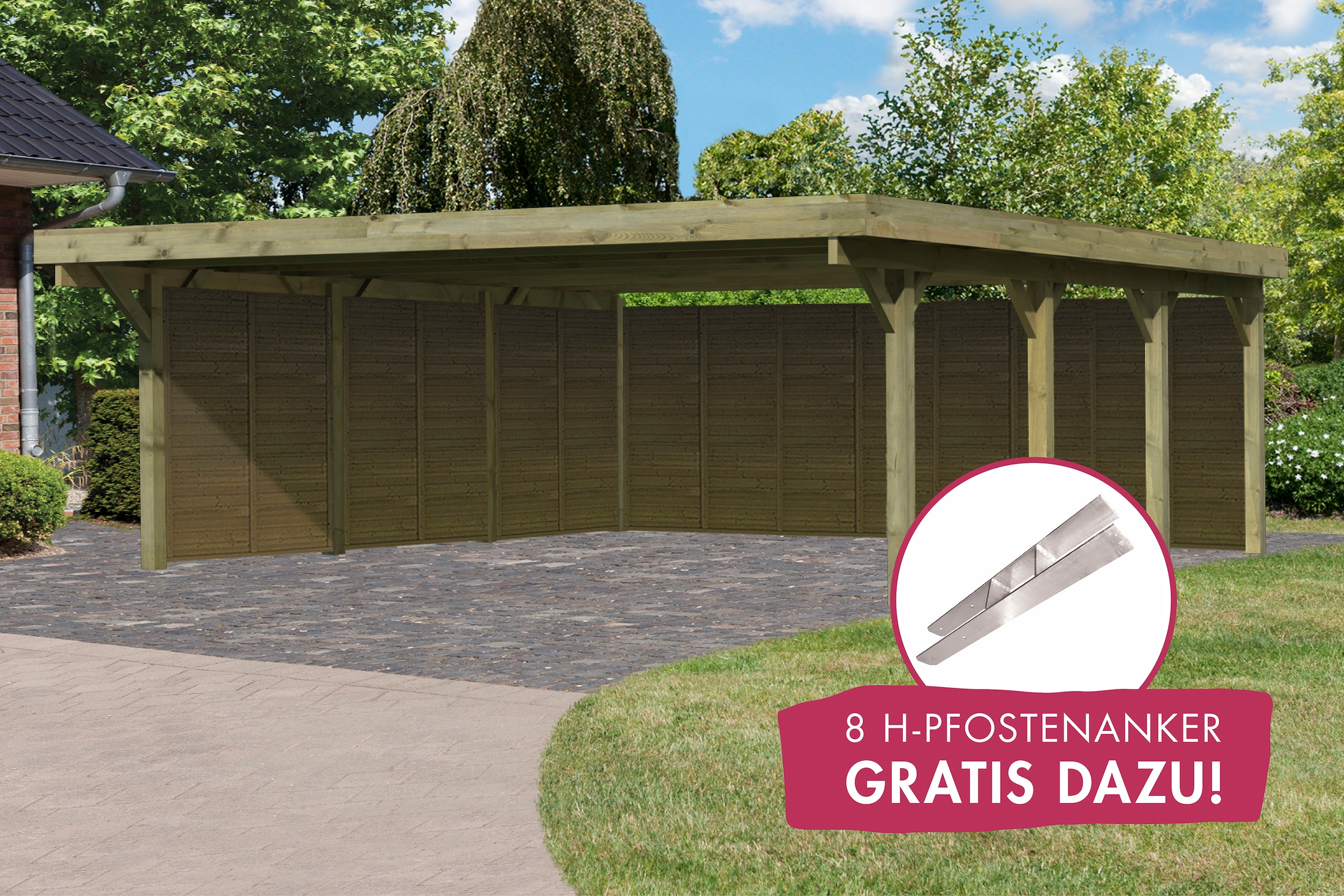 Doppelcarport »Classic 2«, Holz, 540 cm, braun, mit Rückwand und 3 Seitenwänden