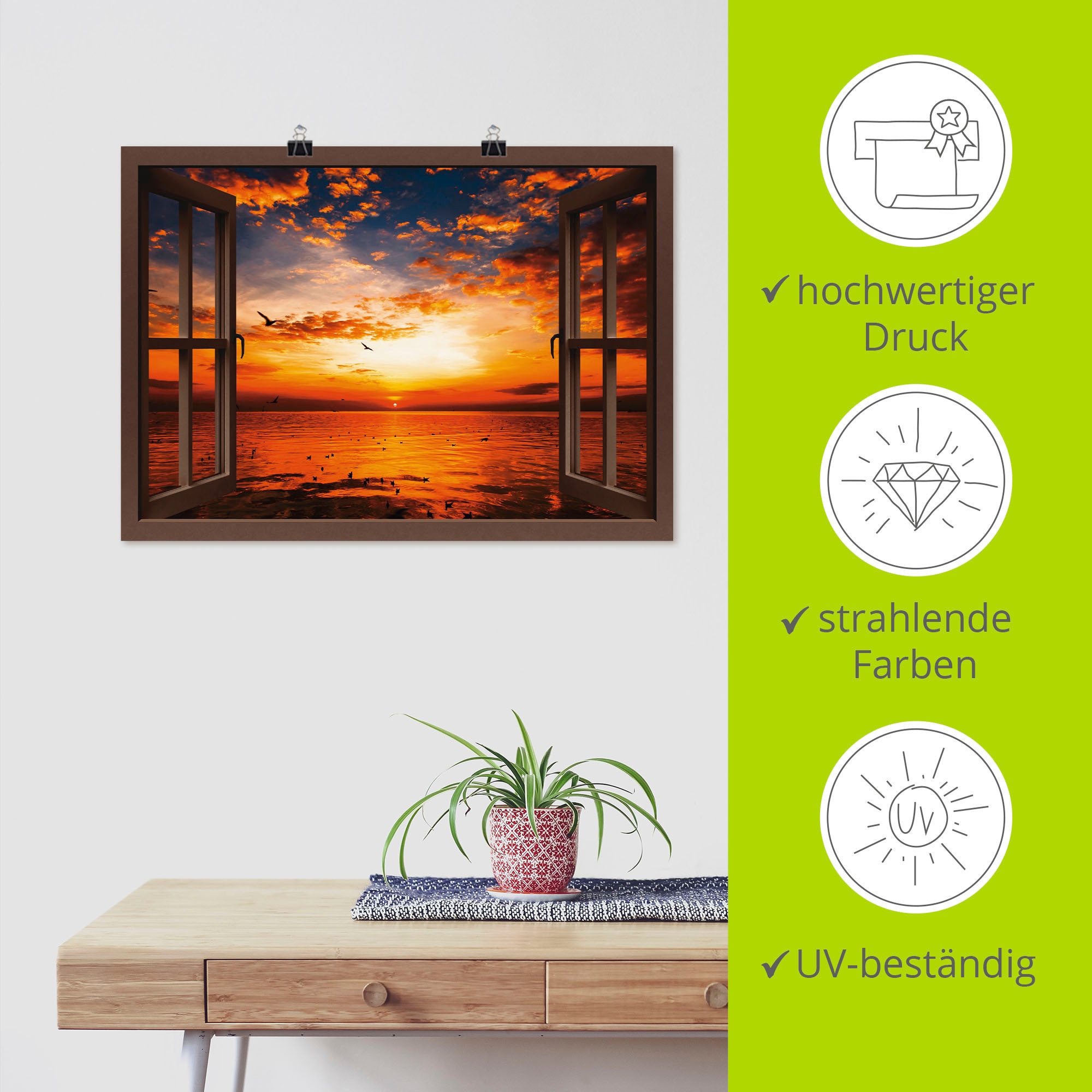 Artland Wandbild »Fensterblick Sonnenuntergang am Strand«, Fensterblick, (1 St.), als Leinwandbild, Poster, Wandaufkleber in verschied. Größen