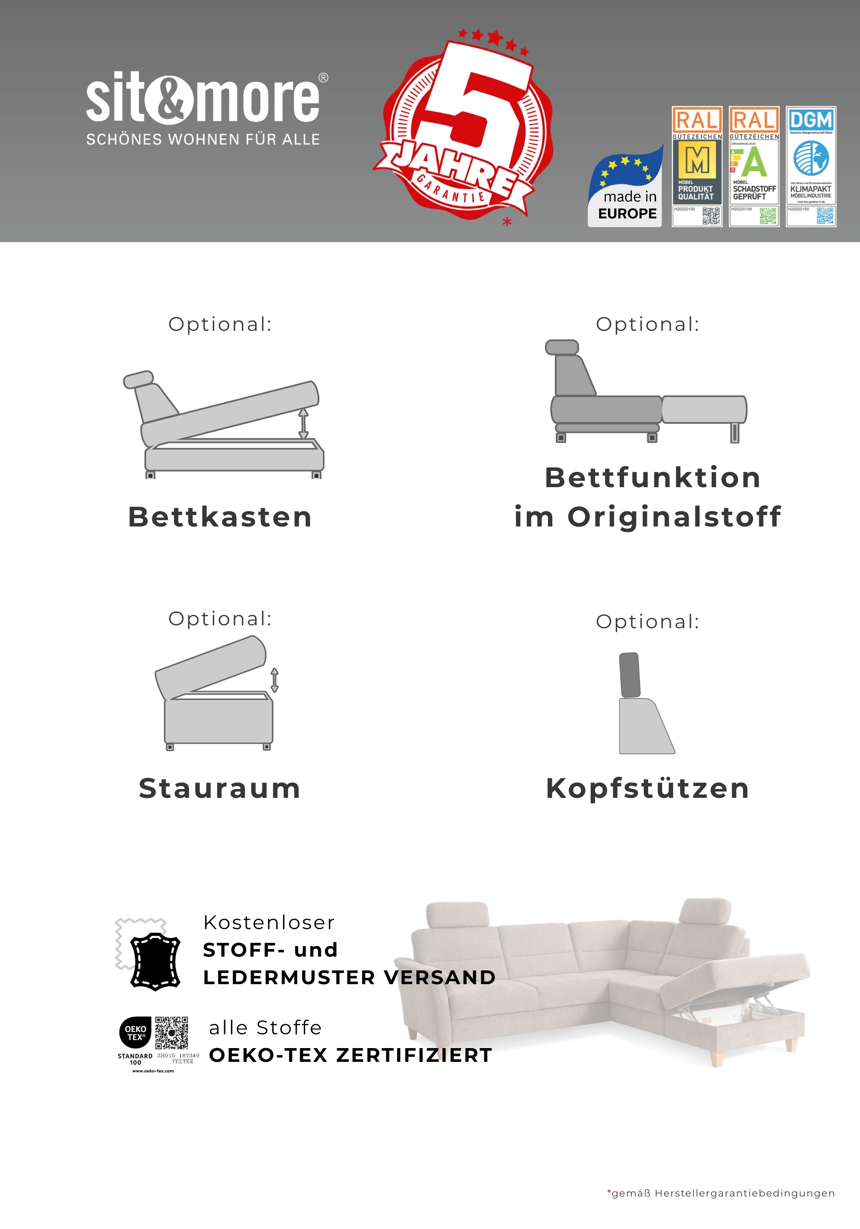 Home affaire Ecksofa »Palmera, L-Form, B: 236 cm, Bettfunktion & Bettkasten wählbar« Federkern-Polsterung, Sitzhöhe 48 cm, handgefertigt, stilvolles Design