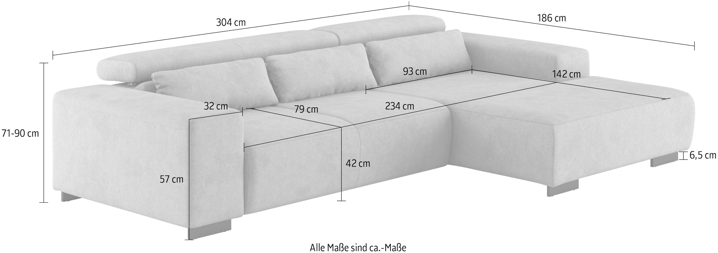 COTTA Ecksofa »Side L-Form, mit Kopfteilverstellung und Zierkissen«, optional motorische Sitztiefenverstellung