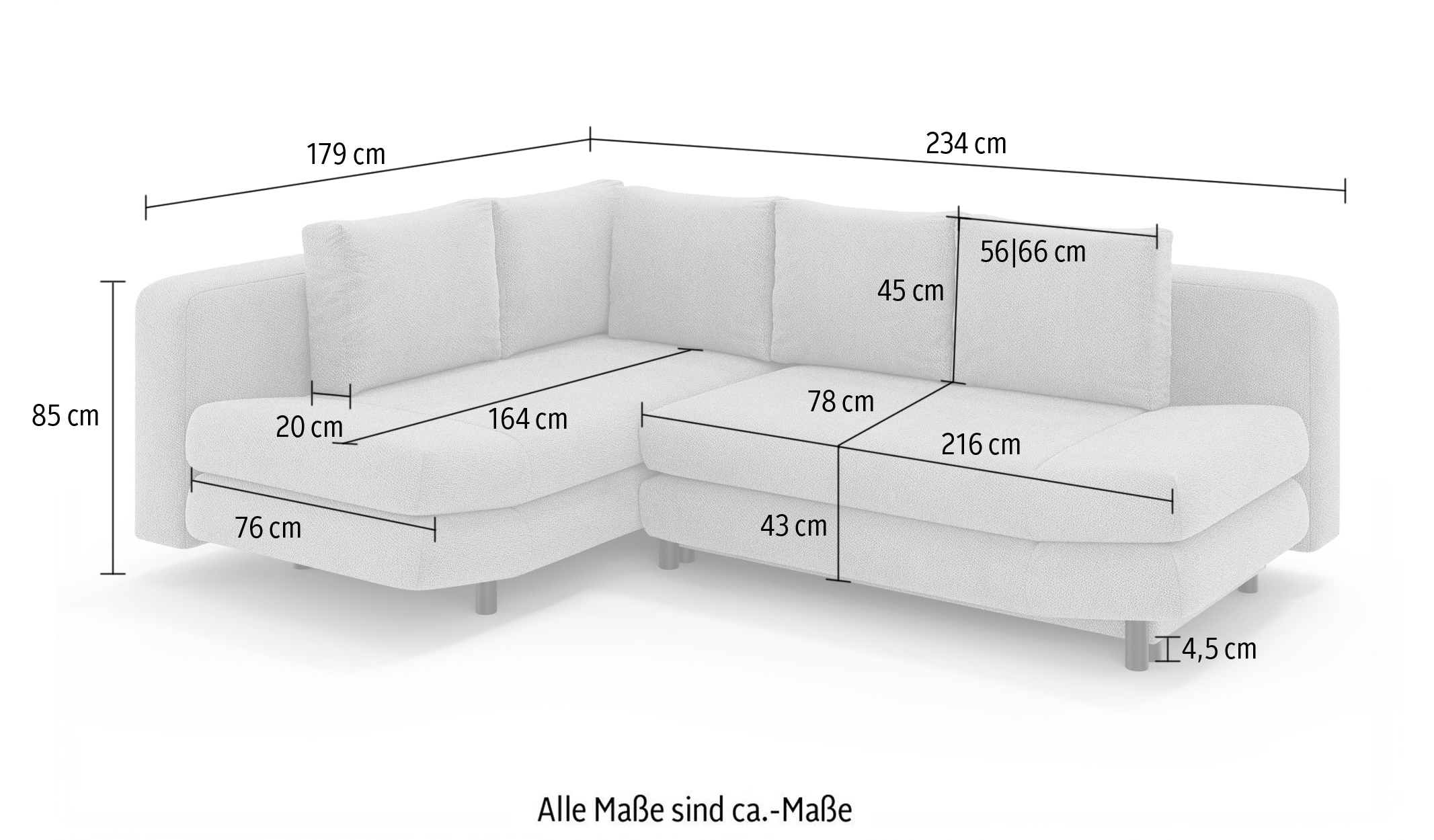 Home affaire Ecksofa »LENNARA Schlafsofa mit Bettkasten, Maße B/T/H: 234/179/85 cm« L-Form mit Ottomane rechts/links, mit Wellenunterfederung