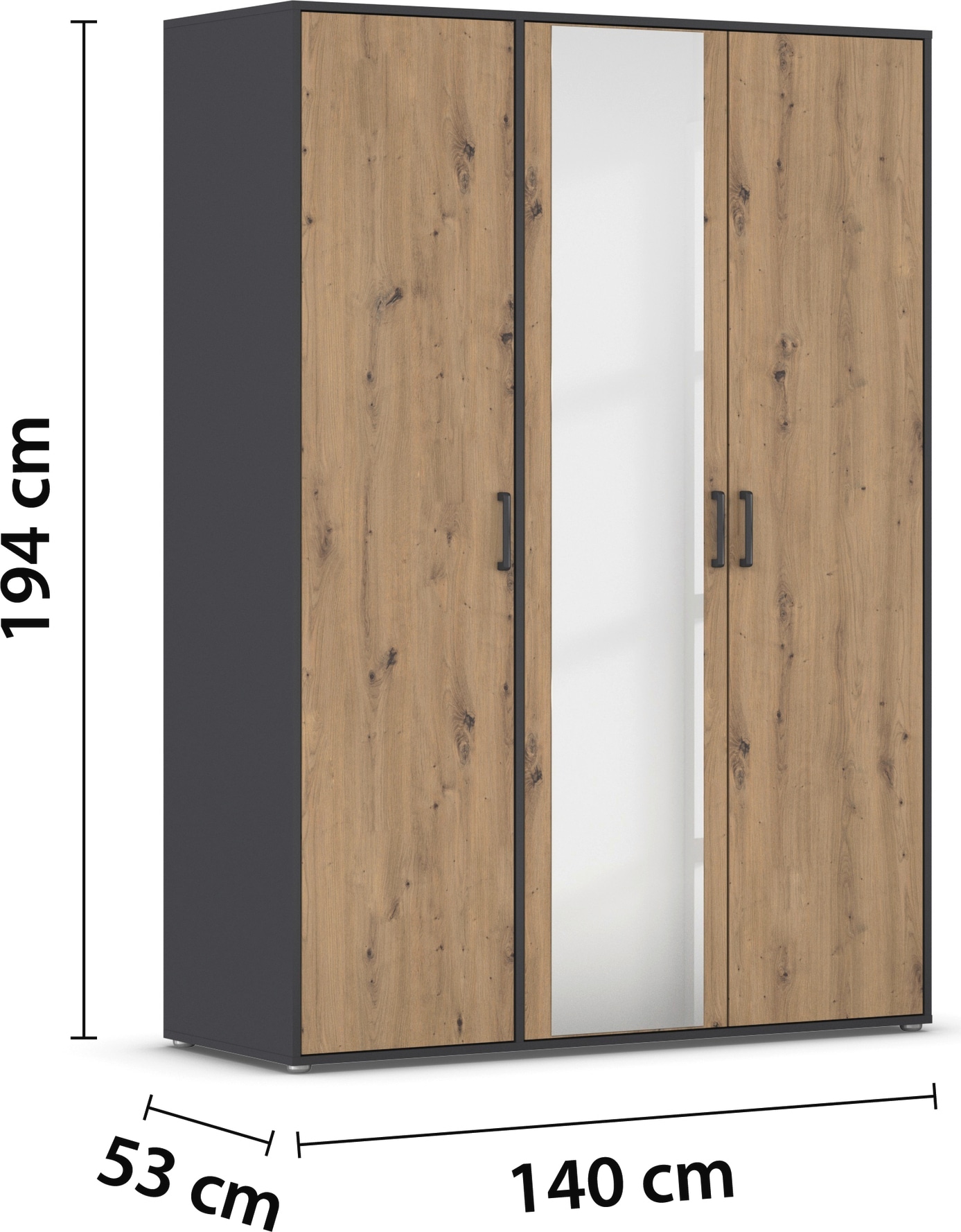 rauch Drehtürenschrank »Kleiderschrank Schrank Garderobe Wäscheschrank VOYAGER«, (in 3 verschiedenen Ausstattungen BASIC/CLASSIC/PREMIUM), mit modernen Griffen in Graumetallic und Spiegel