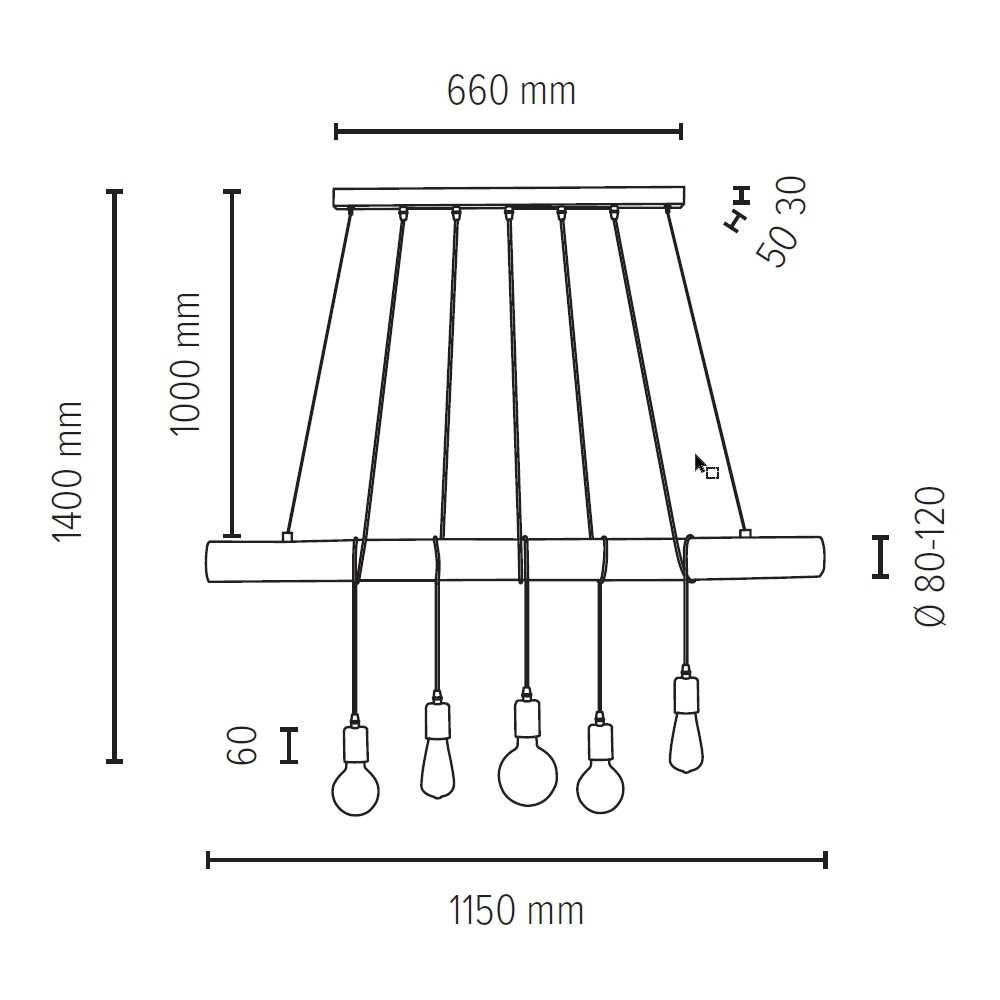 SPOT Light Pendelleuchte »TRABO LONG«, 5 flammig, Leuchtmittel E27 | ohne Leuchtmittel, Hängeleuchte, mit Massivholzbalken Ø 8-12 cm, Naturprodukt, Kürzbar