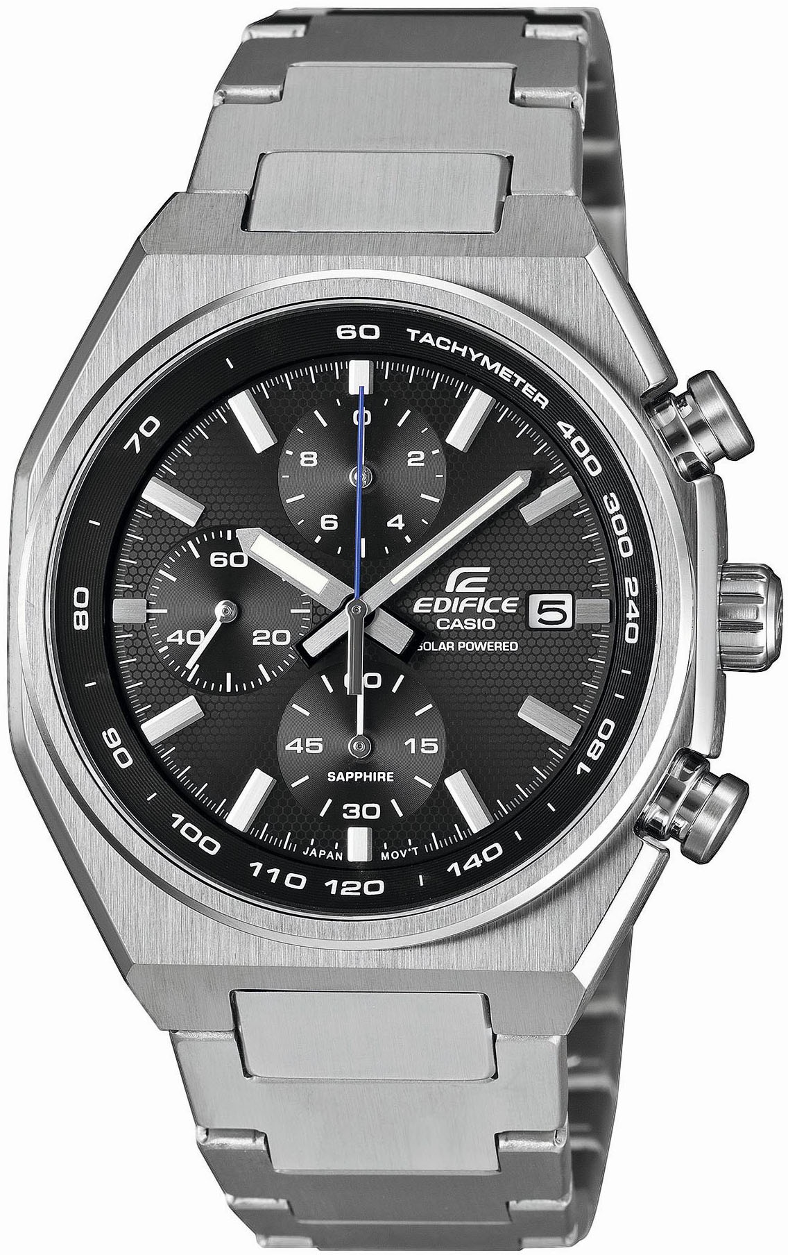 CASIO EDIFICE Solaruhr Armbanduhr, Herrenuhr, Edelstahlarmband, analog, Tag, Stoppfunktion