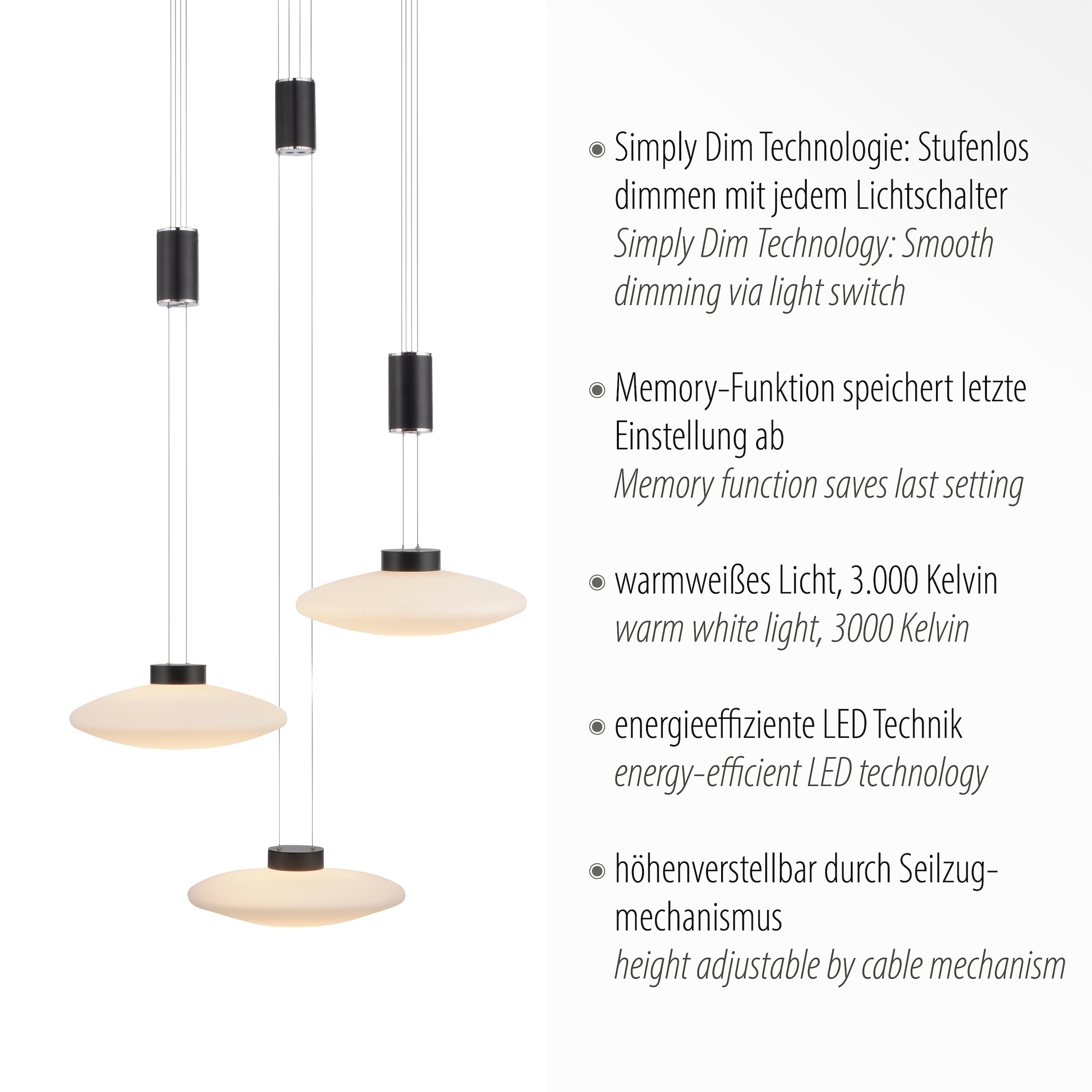 Paul Neuhaus Pendelleuchte »LAUTADA«, 3 flammig, Leuchtmittel LED-Board | LED fest integriert, LED, dimmbar, Simply Dim, Memory, nach Trennung vom Netz