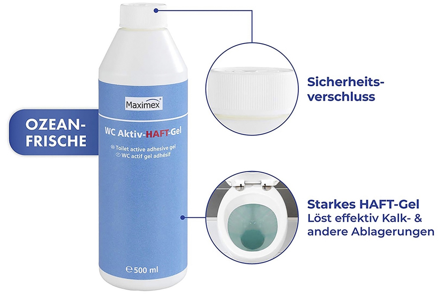 Maximex Reinigungs-Set »WC-Randreiniger und WC-Aktiv-Haftgel«, bei hartnäckigen Verschmutzungen der Toilette, je 500 ml, Ozean-Duft