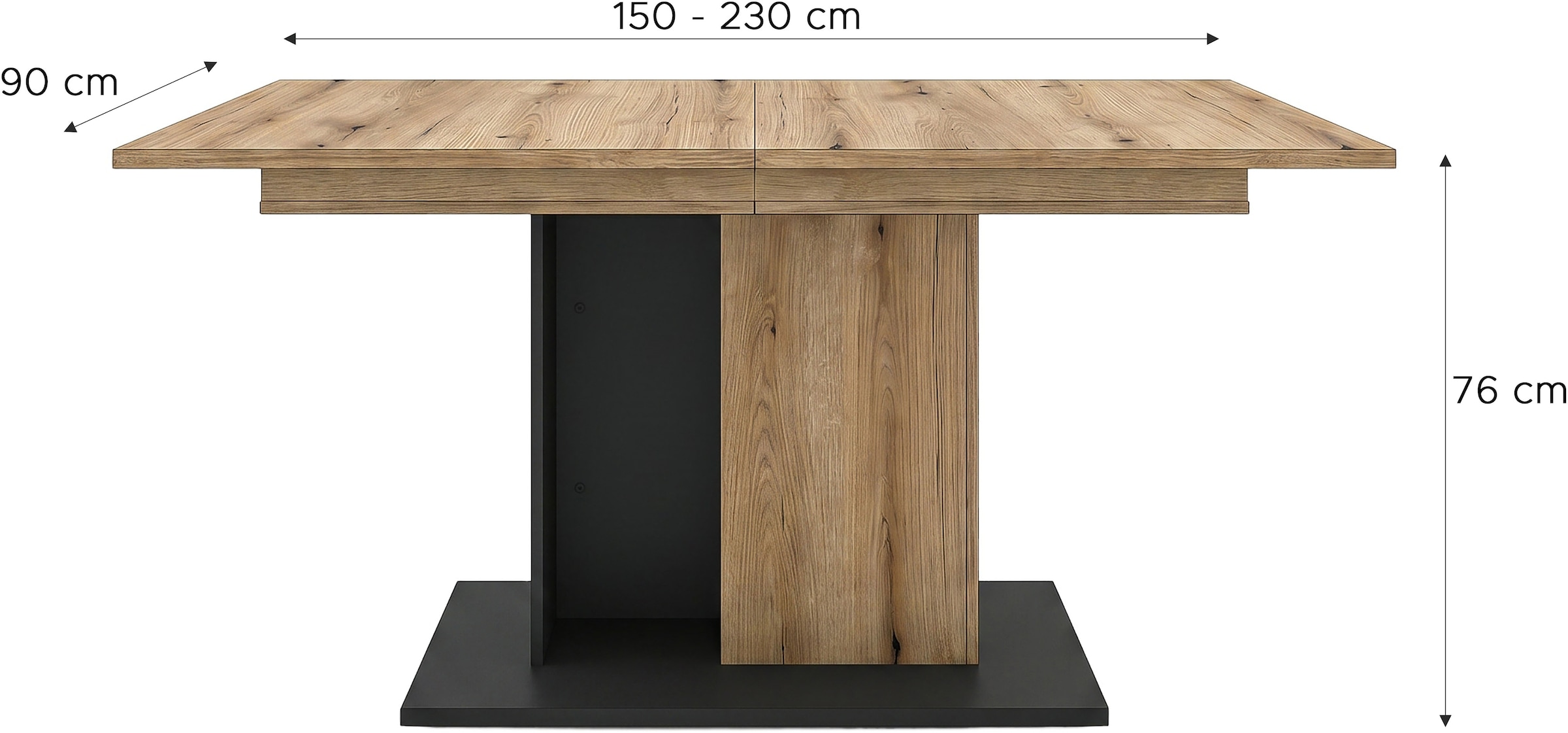 OTTO home Esstisch »MONOLITH, ausziehbar 150 -230 cm, inklusive 2x 40 cm Einlegeplatte« Doppelsäulen-Gestell mit Bodenplatte, Tisch, Küchentisch, Esszimmer