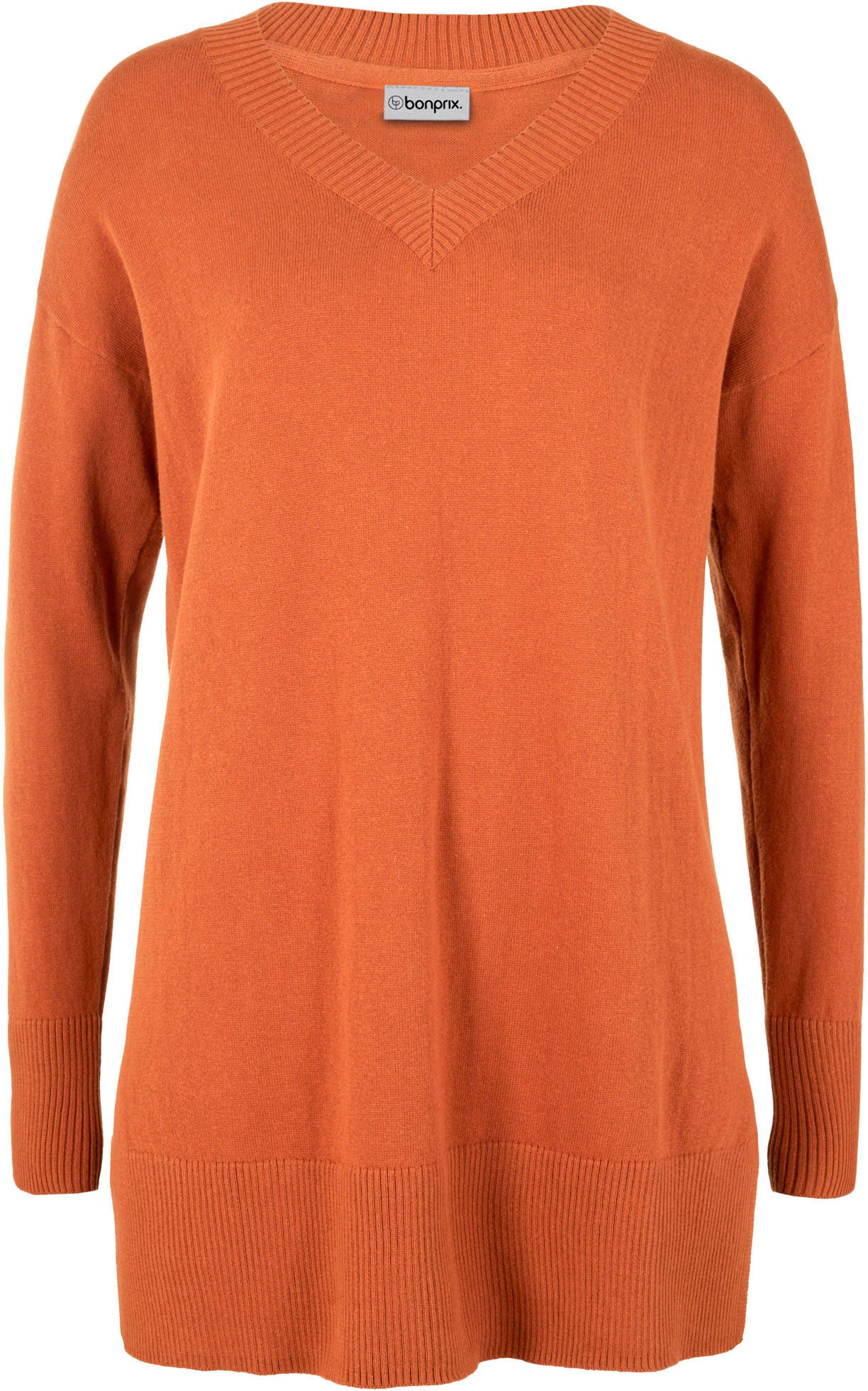 bonprix Longpullover »Long-Pullover« aus Baumwolle und Polyamid, mit V-Ausschnitt, mit Seitenschlitzen