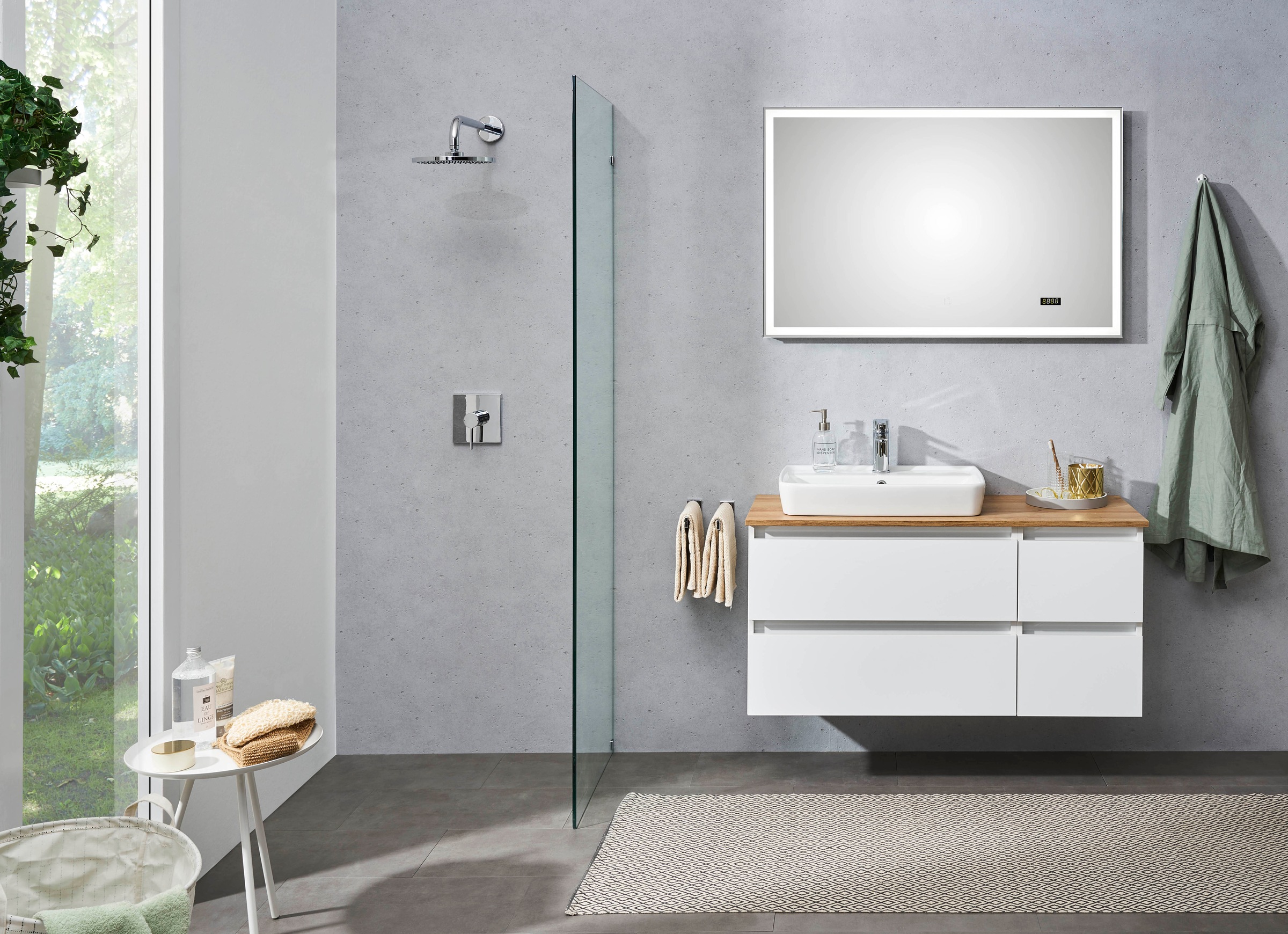 Saphir Badmöbel-Set »Quickset 360 2-teilig, mit Keramik-Aufsatzbecken und LED-Spiegel«, (Set, 2 St.), in Weiß Glanz, Riviera Eiche quer Nachbildung, 4 Schubladen