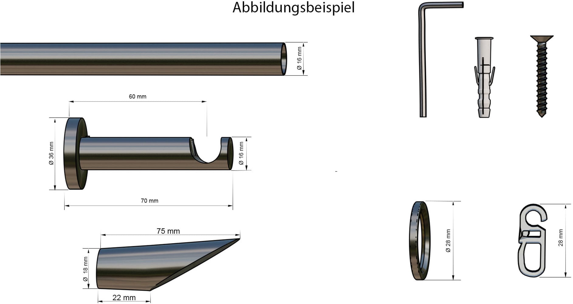 indeko Gardinenstange »Marbella« Ø 16 mm 1 läufig-läufig Wunschmaßlänge Komplett-Set inkl. Ringen,Faltenlegehaken und Montagematerial