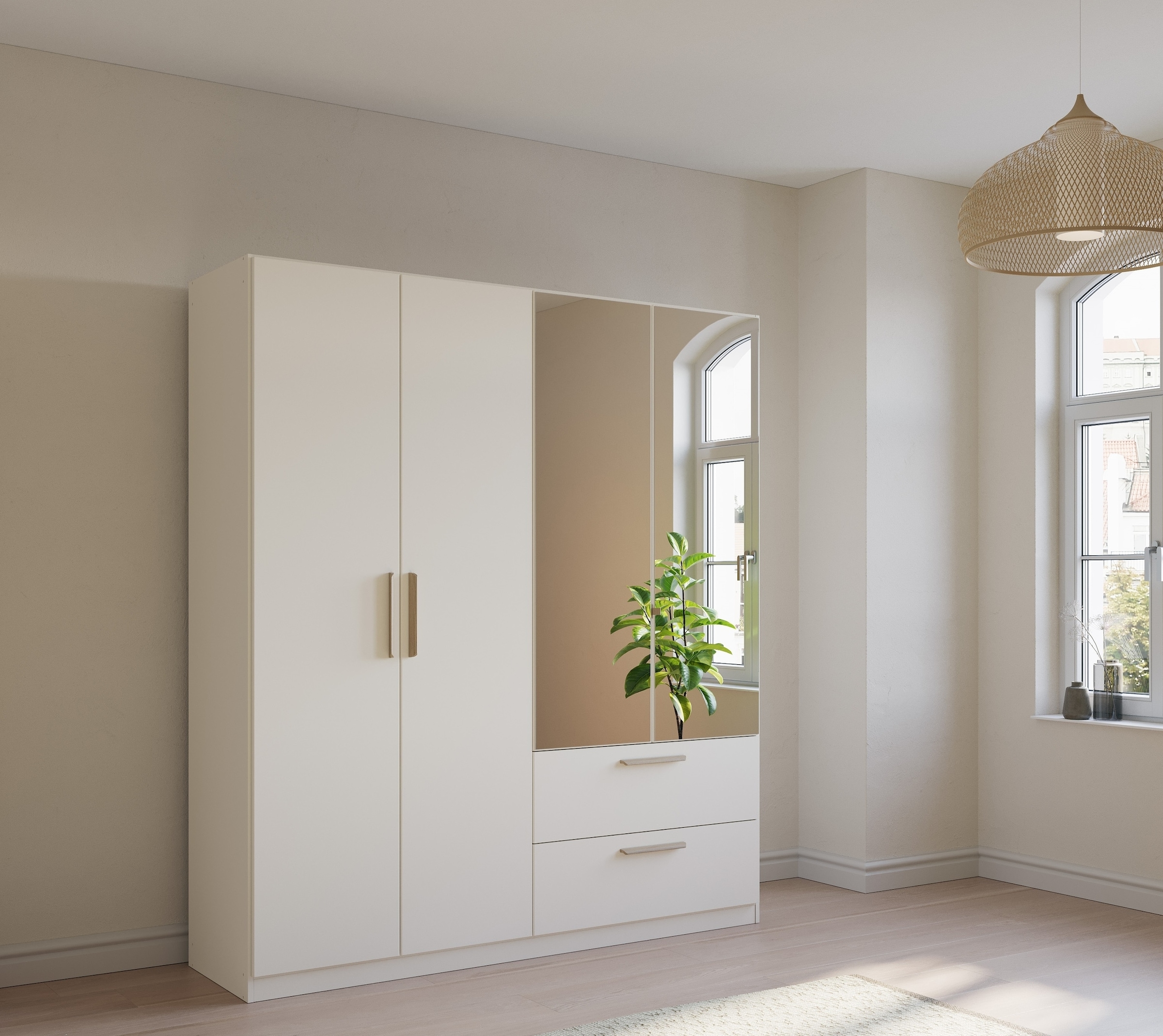 rauch Kleiderschrank »Skandi by Quadra Spin Schlafzimmerschrank« im Landhaus-Stil mit Massivholzgriffen, mit Schubladen und Spiegel