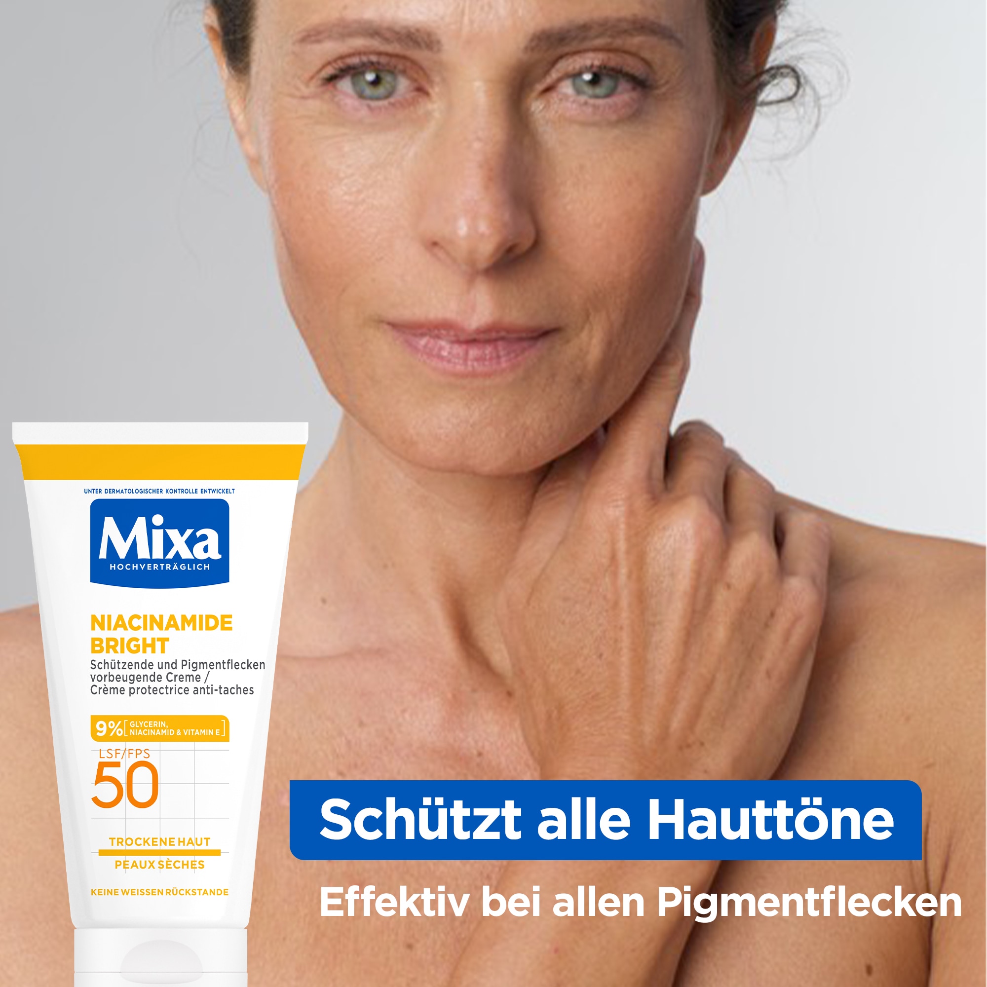 Mixa Körpercreme »Mixa Niacinamide Bright Creme LSF 50«, Mildert sonnenbedingte Pigmentflecken, versorgt trockene Haut.