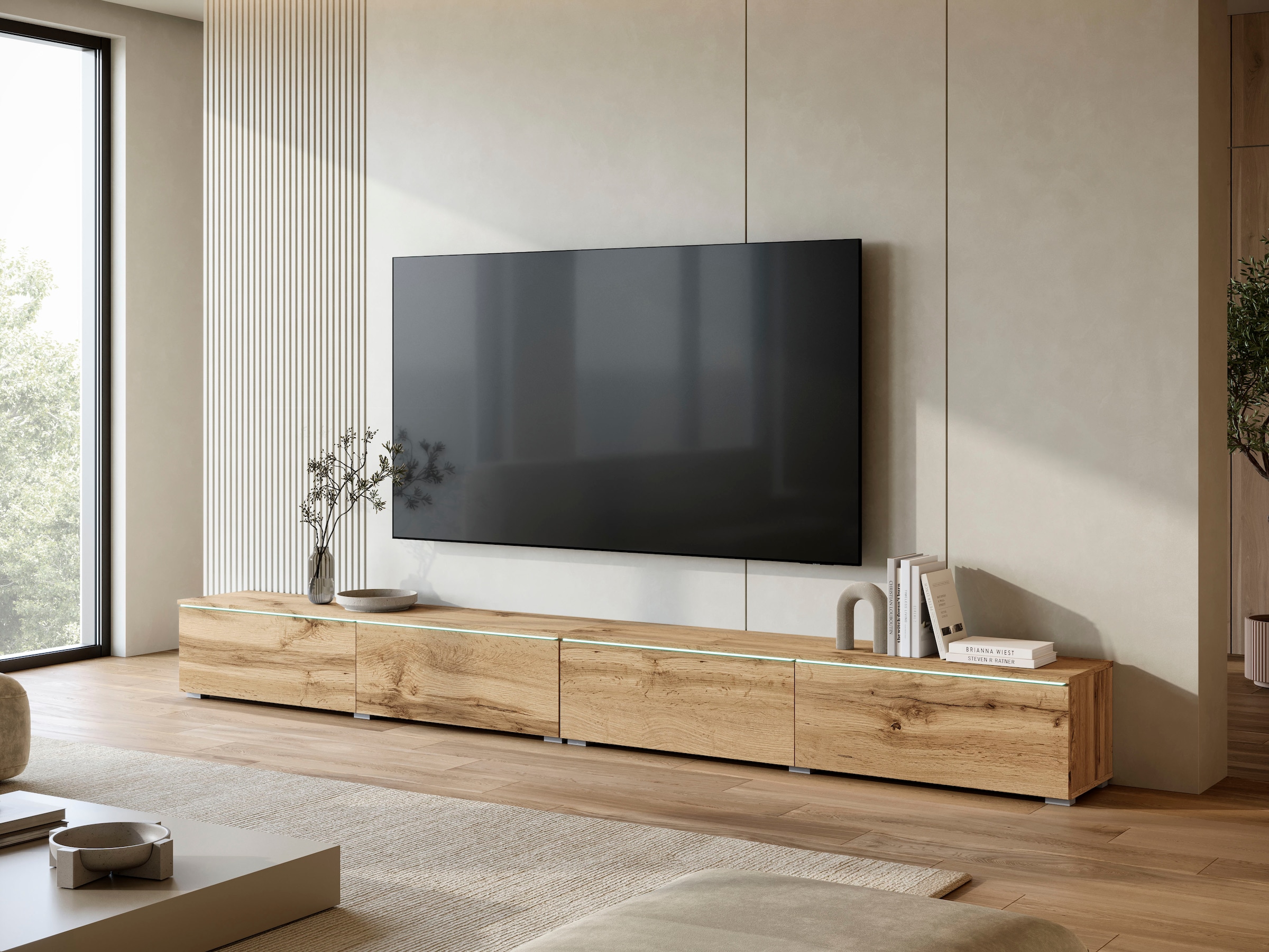 Home affaire Lowboard »Vera, TV-Schrank, Breite 300 cm, verschiedene Farbausführungen« 1 Stk. tlg. Mit LED, 4 Klappen, grifflose Fronten, hängend oder stehend