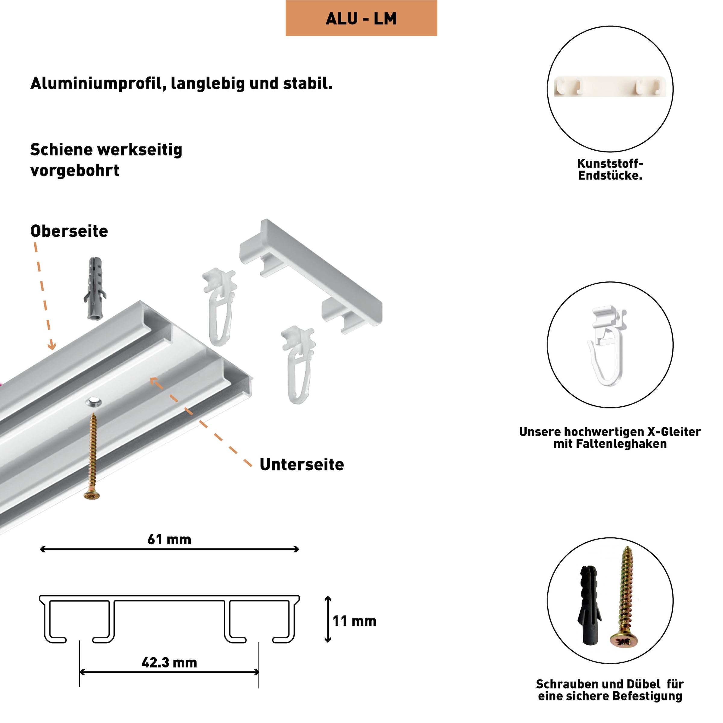 SN DECO GROUP Gardinenschiene »Objektschiene LM«, 2 läufig-läufig, Fixmaß, vorgebohrt, Aluminium, Innenlauf, Vorhangschiene