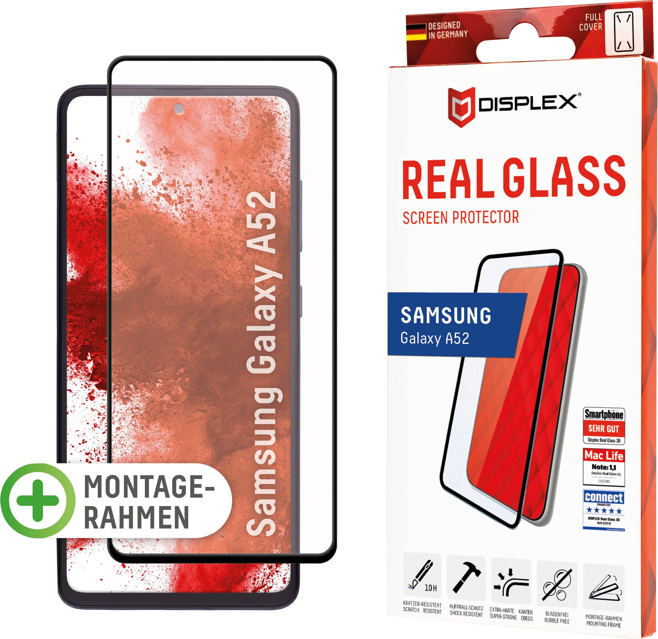 Displex Displayschutzfolie »DISPLEX Real Glass Panzerglas für Samsung Galaxy A52/A52 5G (6,5), 10H Tempered Glass, mit Montagerahmen, Full Cover«, für Samsung Galaxy A52 (5G)