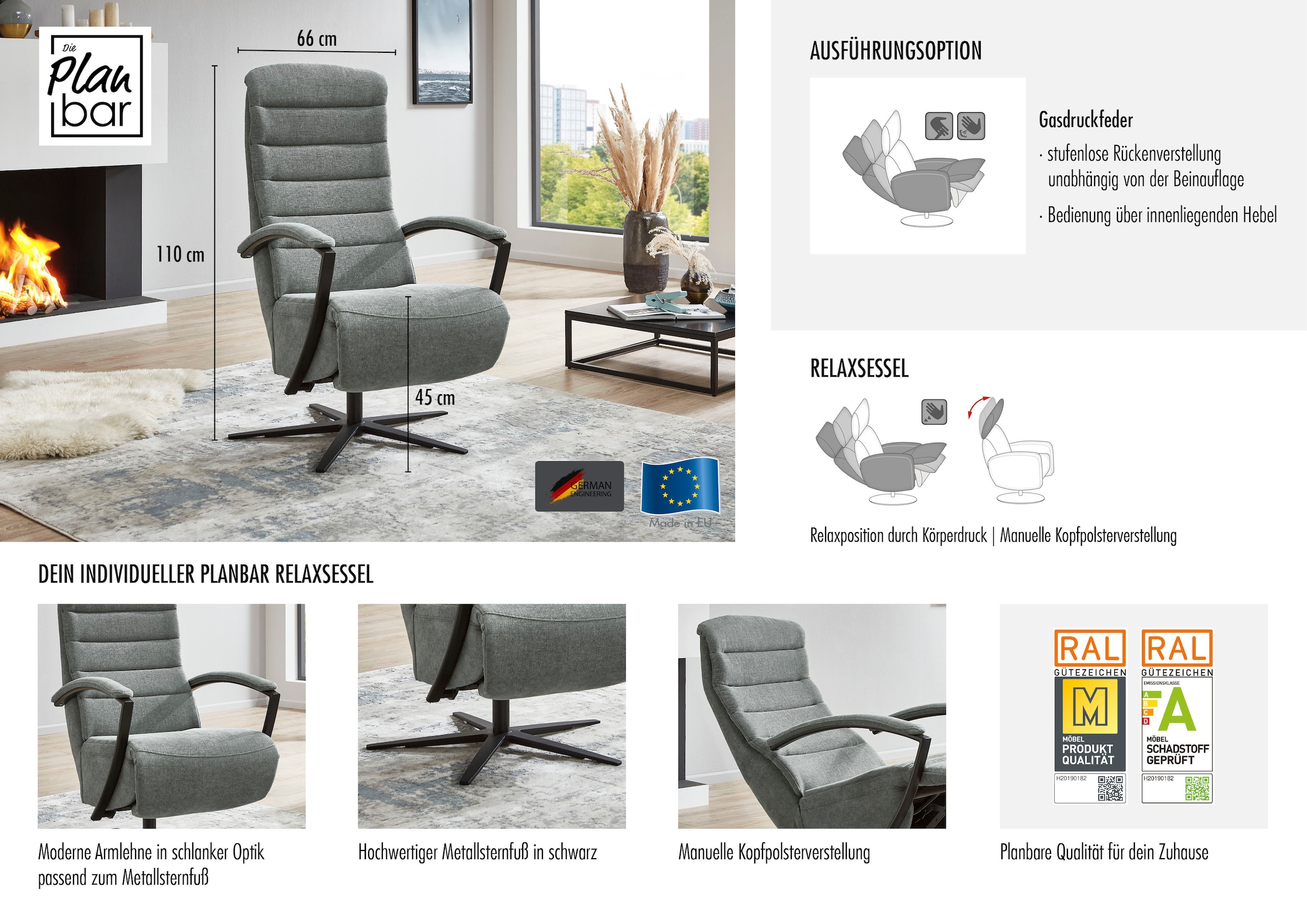 Die PlanBar Relaxsessel »ZE-RS20038 inkl. Relaxfunktion und Kopfteilverstellung« 1 Stk. tlg. 360° drehbar, wahlweise mit Gasdruckverstellung