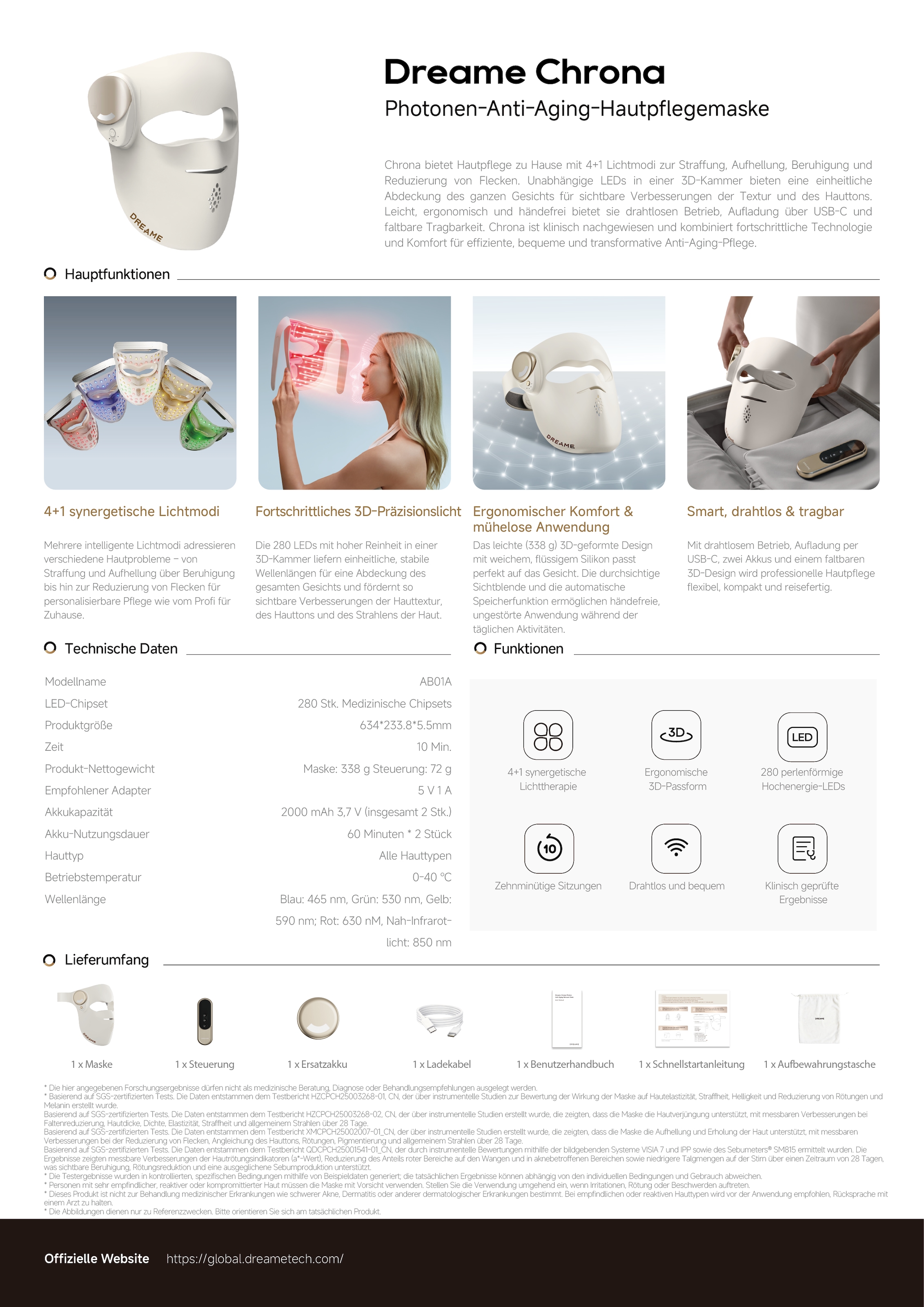 Dreame LED-Gesichtsmaske »Chrona« 280 LEDs, 5 Lichtmodi, kabellos, ergonomische 3D-Passform