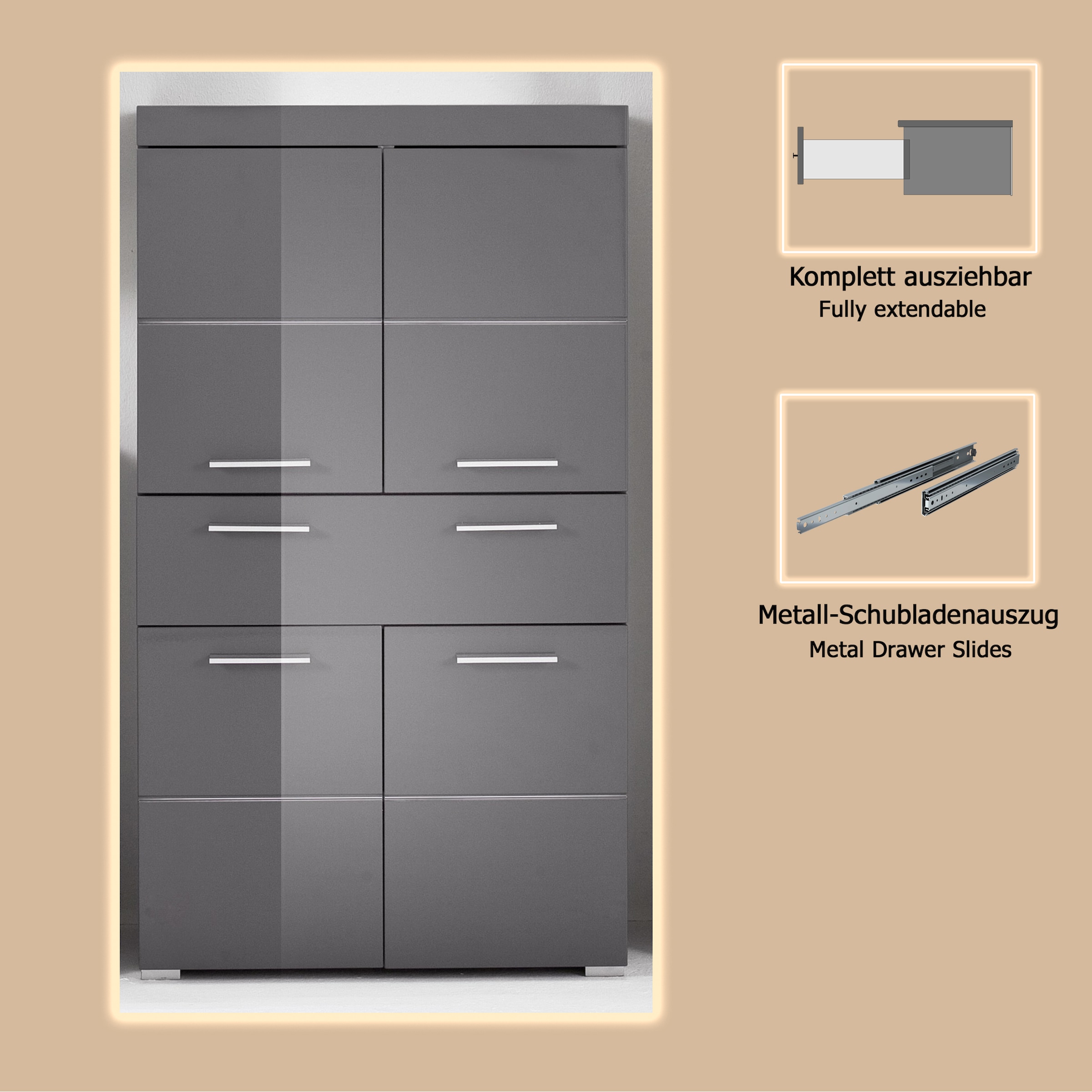 welltime Midischrank »Avena«, Standschrank mit 4 Türen, 1 Schublade - (B/T/H) 73/31/130 cm