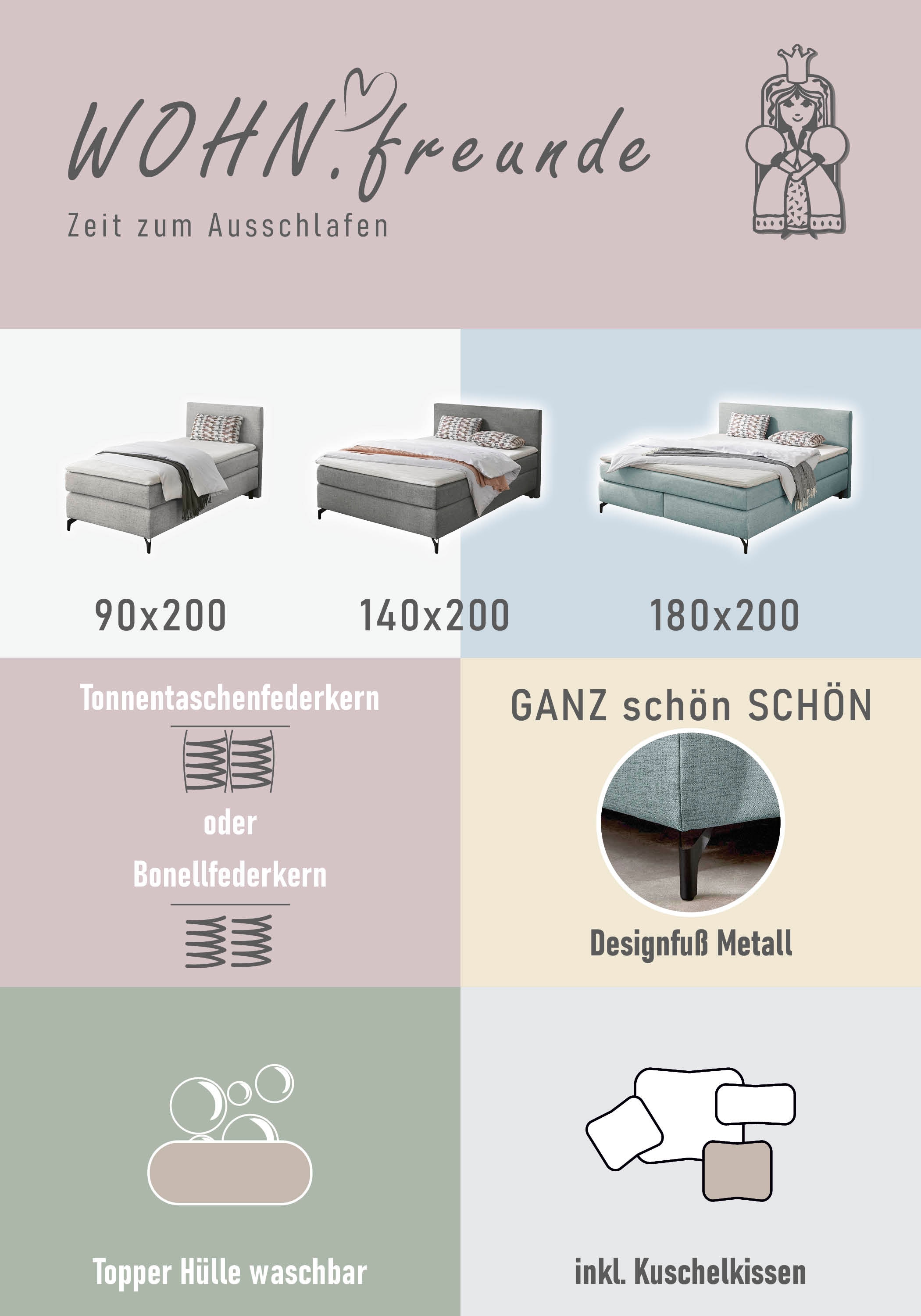 INOSIGN Boxspringbett Alinas, mit Topper und Zierkissen, in unterschiedliche Farbvarianten und Breiten lieferbar