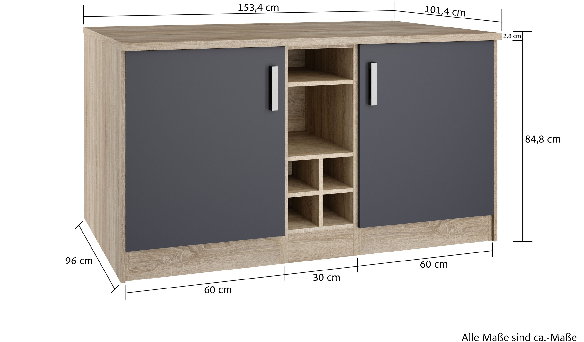 KOCHSTATION Kücheninsel »KS-Toronto«, Breite 153 cm, MDF-Fronten, Flaschenregal