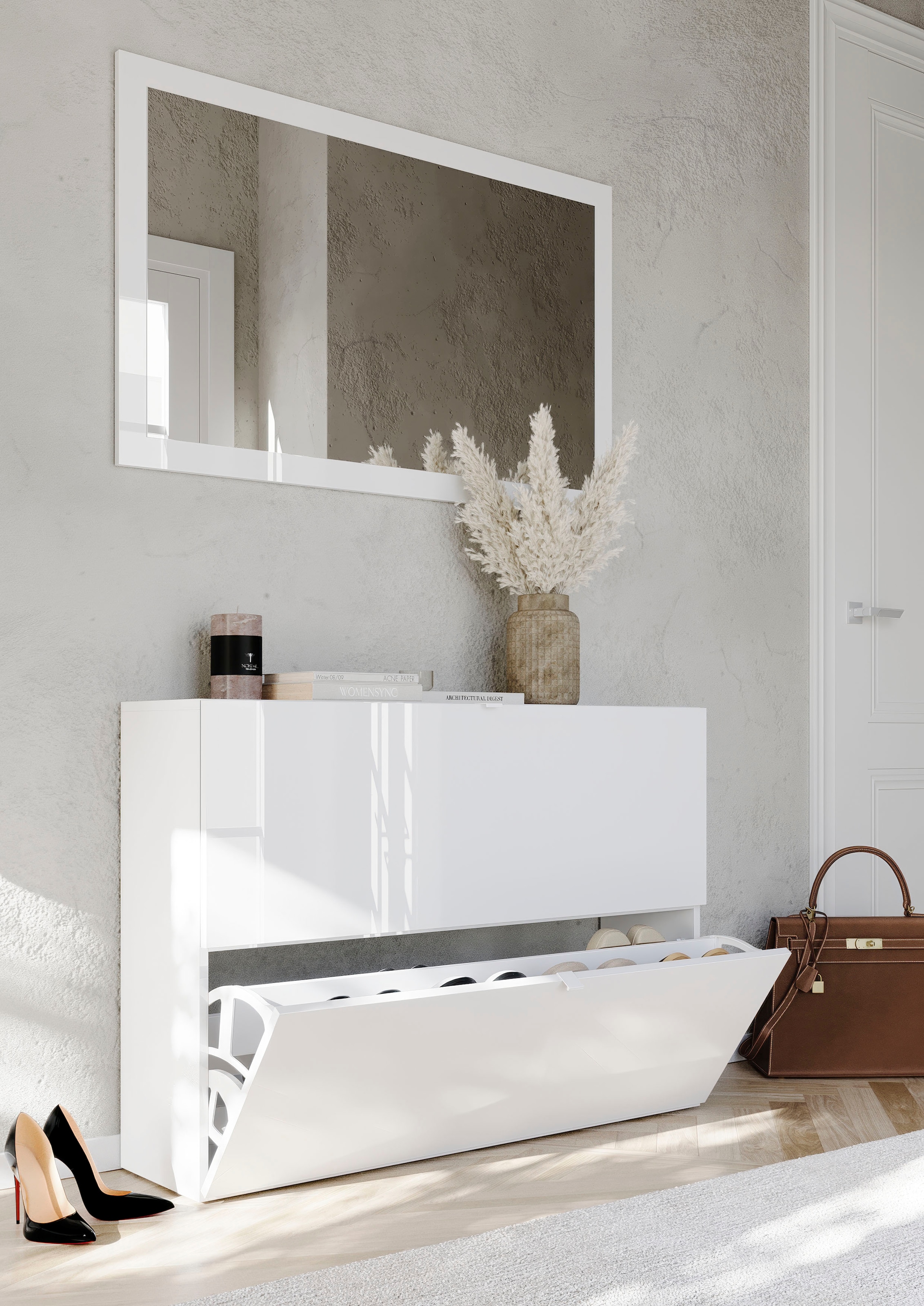 INOSIGN Schuhschrank »SMILE Breite 104 cm, 2 Klappen, komplett Weiß Hochglanz lackiert,«, Schuhkipper hängend o. stehend montierbar, 4 Fächer, Metallgriffe