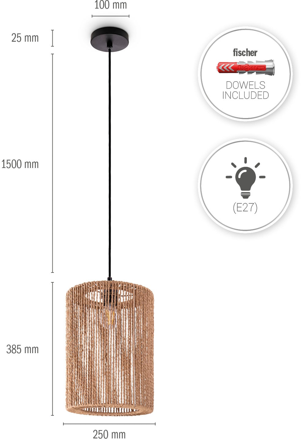 Paco Home Pendelleuchte »Hugo Ricarda«, Leuchtmittel E27 | ohne Leuchtmittel, Wohnzimmer Esszimmer Rattan Optik Boho Lampenschirm Papier Rund