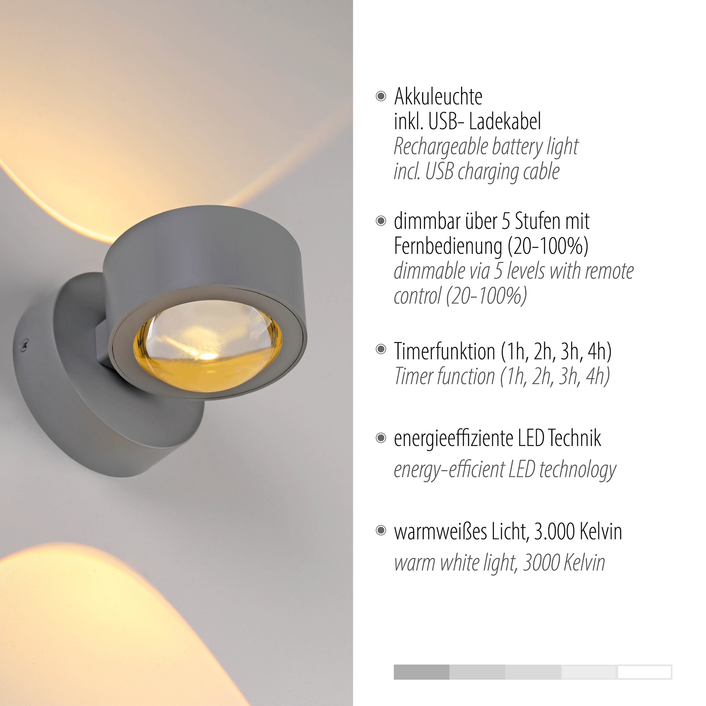 JUST LIGHT LED Wandleuchte »AKKU-CHIA« LED-Board 1 Stk. Warmweiß Akkubetrieben inkl. USB-Ladekabel, 5 Stufen Dimmung + Timerfunktion