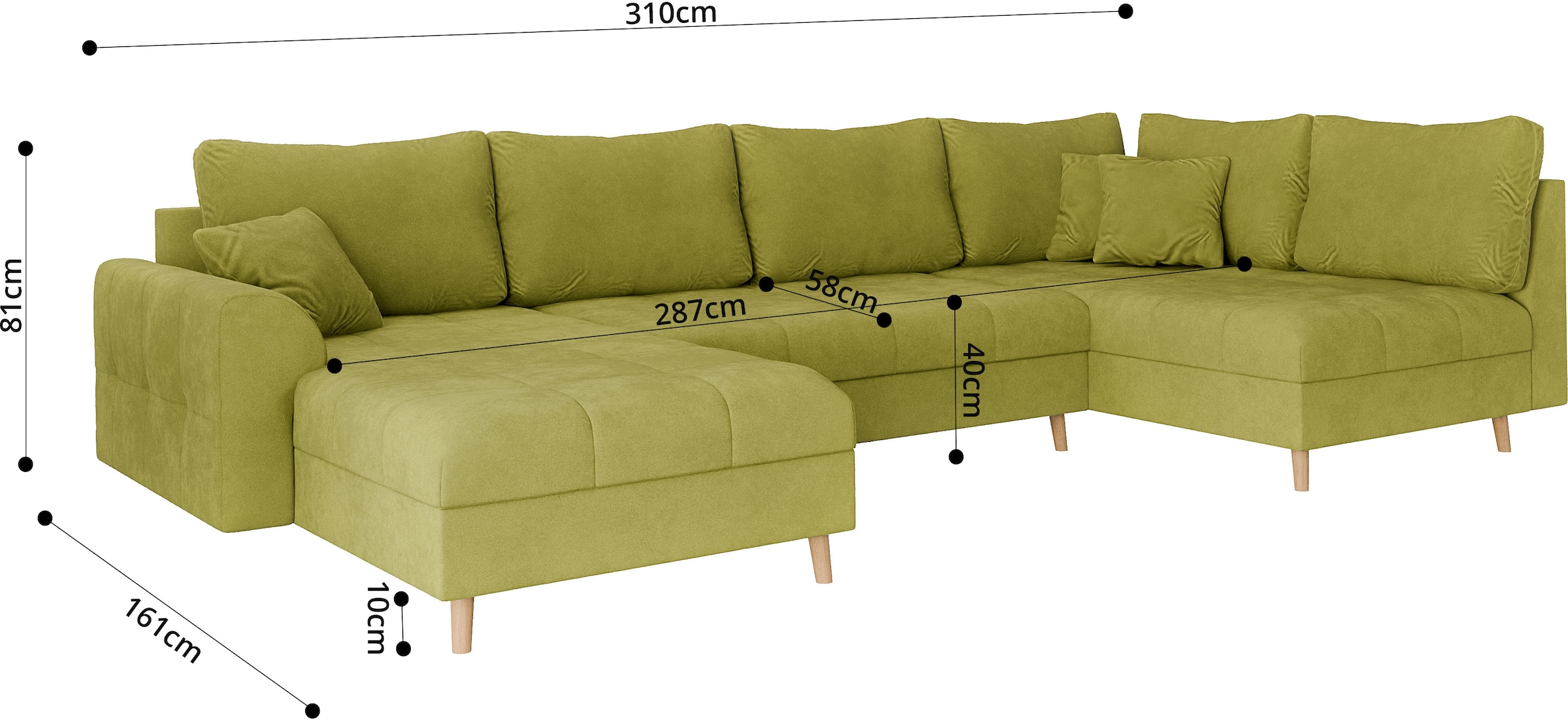 Home affaire Wohnlandschaft »CHARRE U-Form mit Ottomane, Maße B/T/H: 310/161/81 cm«, feine Steppung, lose Rücken- und Zierkissen, auch in Cord und Bouclé